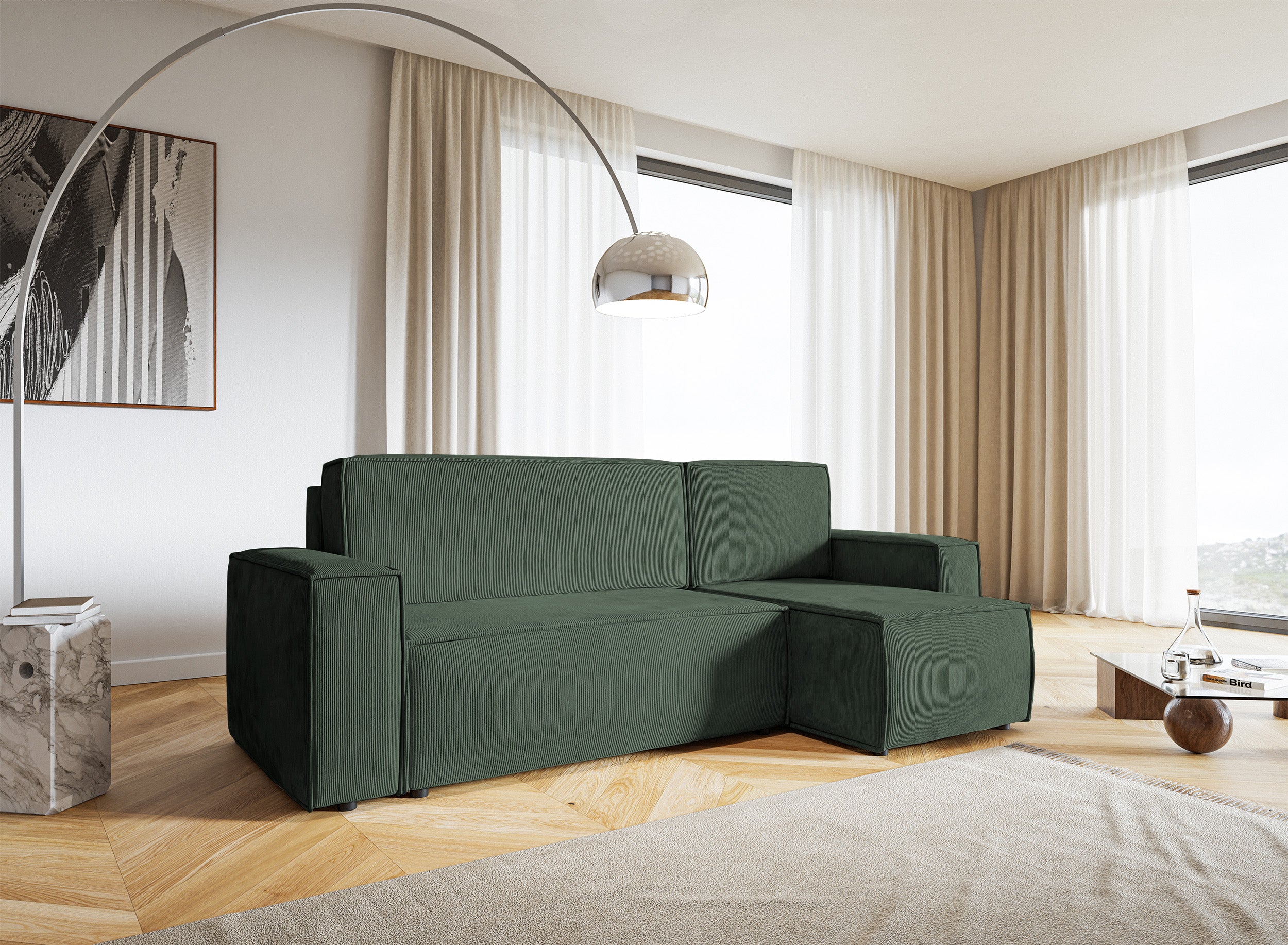 Ecksofa mit Schlaffunktion Copertino, L-förmig, mit Stauraum, universell, grün, Cordstoff