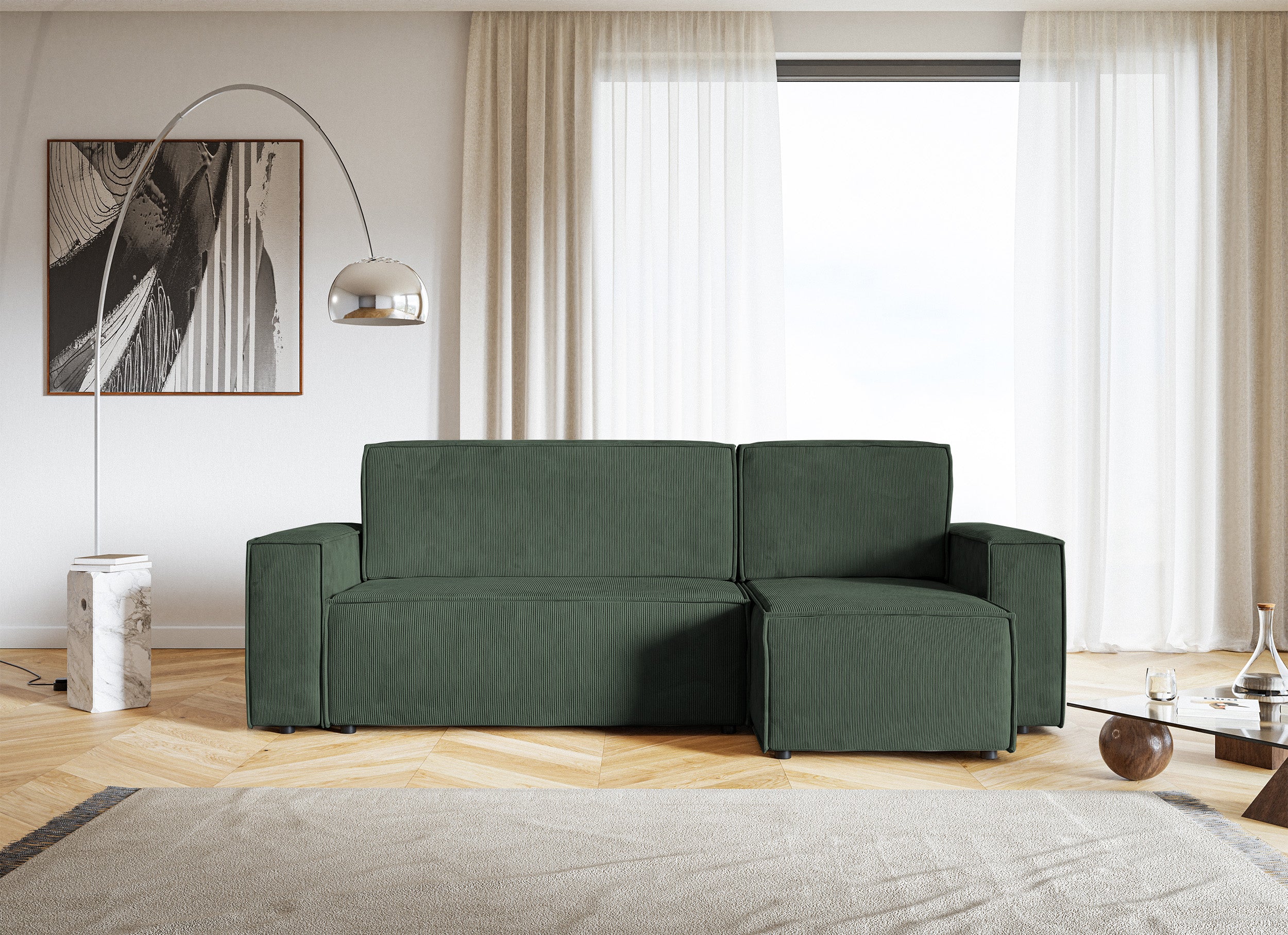 Ecksofa mit Schlaffunktion Copertino, L-förmig, mit Stauraum, universell, grün, Cordstoff