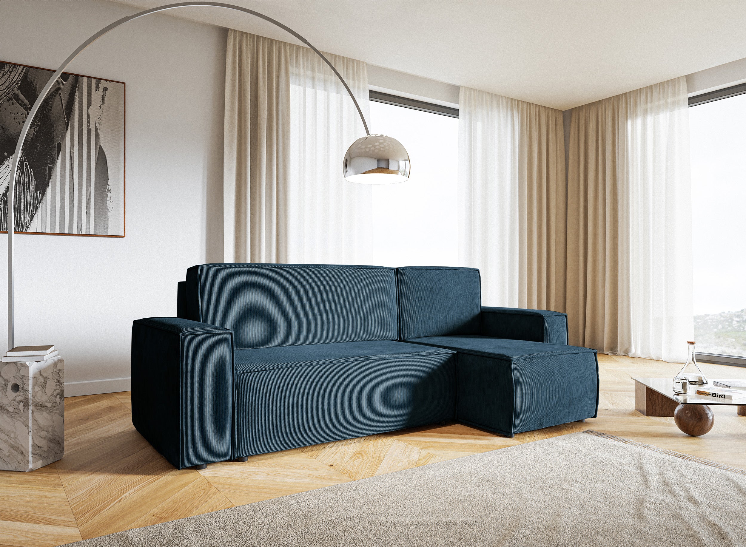 Ecksofa mit Schlaffunktion Copertino, L-förmig, mit Stauraum, universell, dunkelblauer Cordstoff