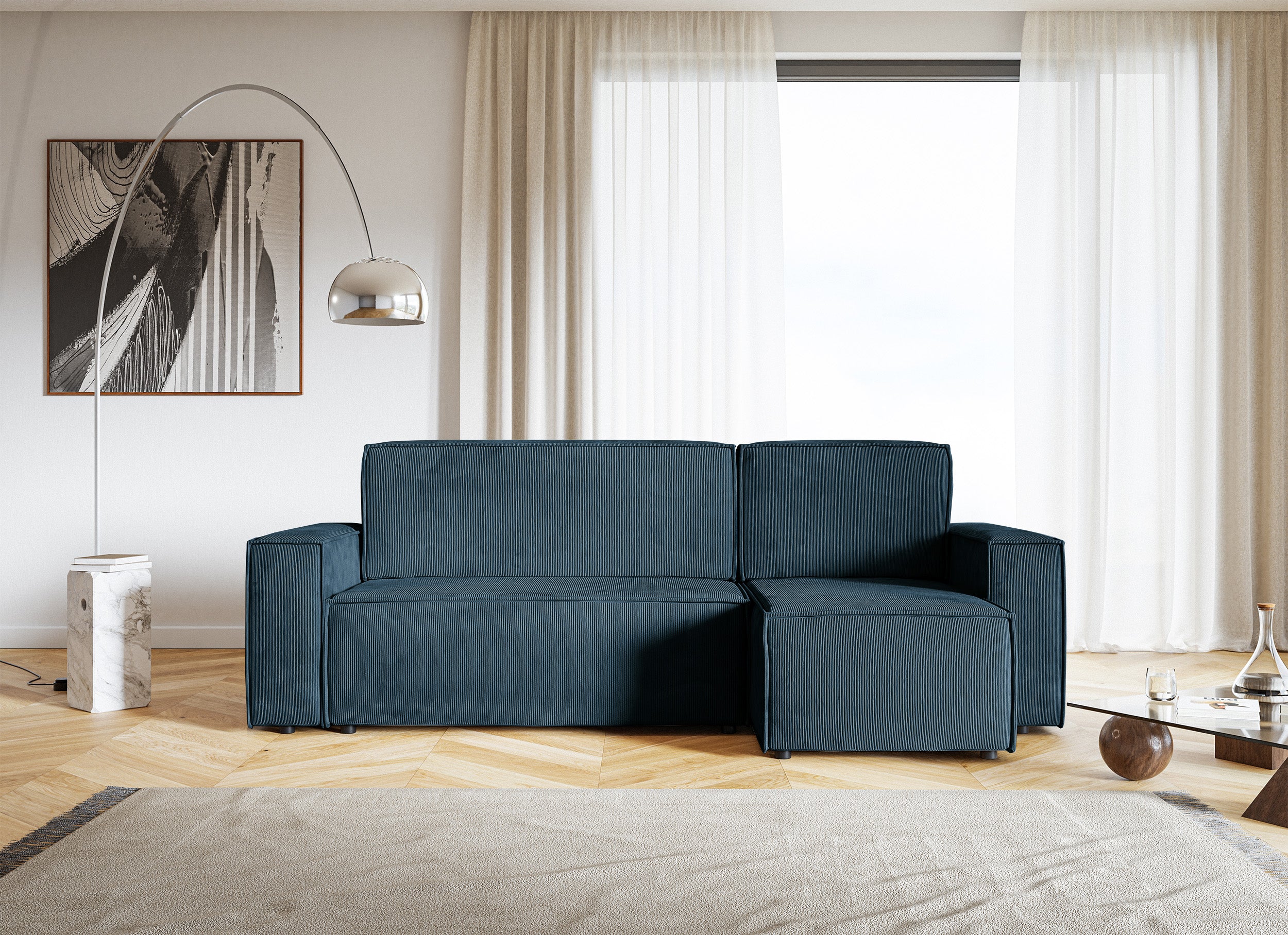 Ecksofa mit Schlaffunktion Copertino, L-förmig, mit Stauraum, universell, dunkelblauer Cordstoff