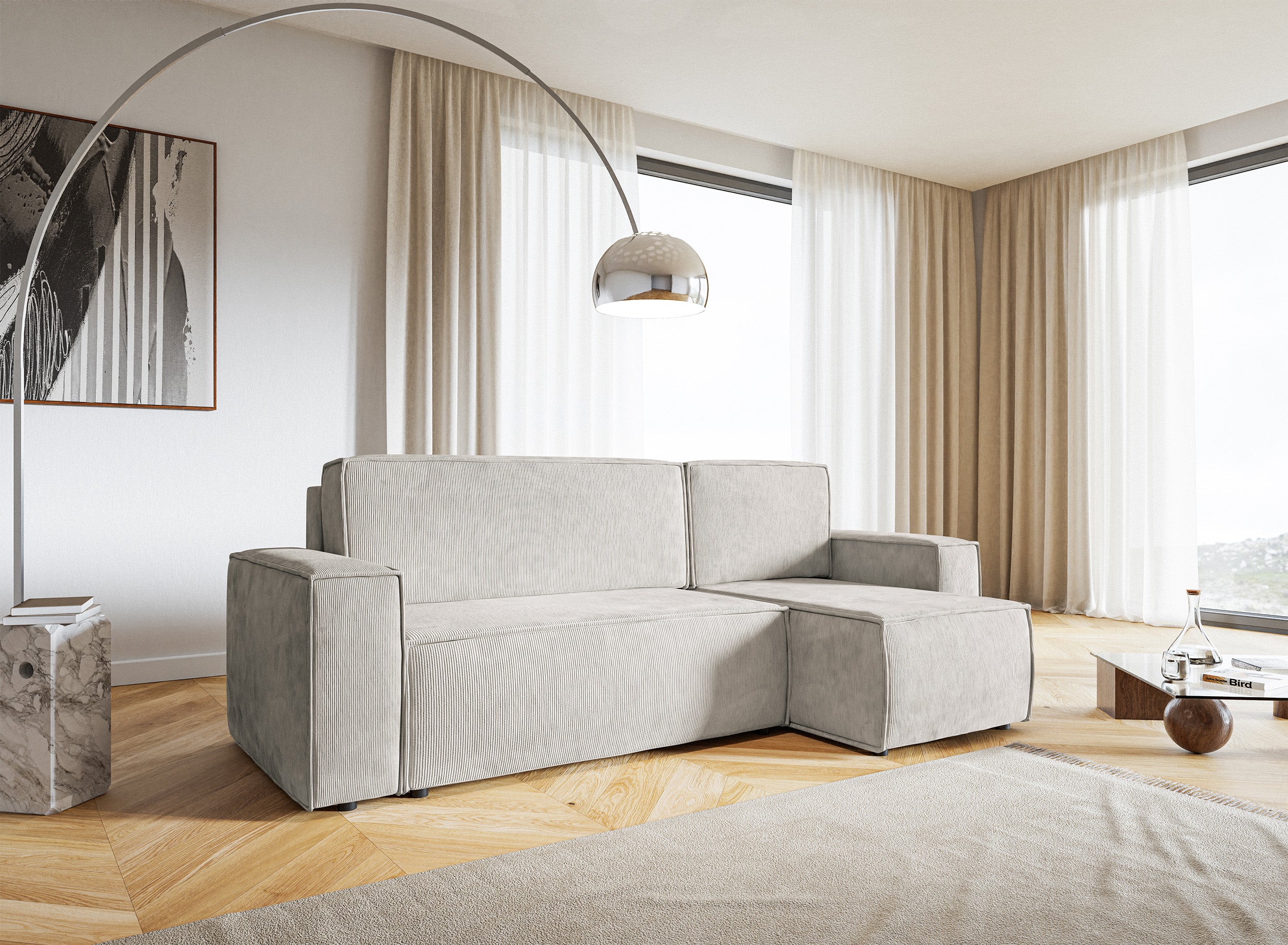 Ecksofa mit Schlaf-Funktion Copertino, L-förmig, mit Stauraum, universell, sandfarben, Cordstoff