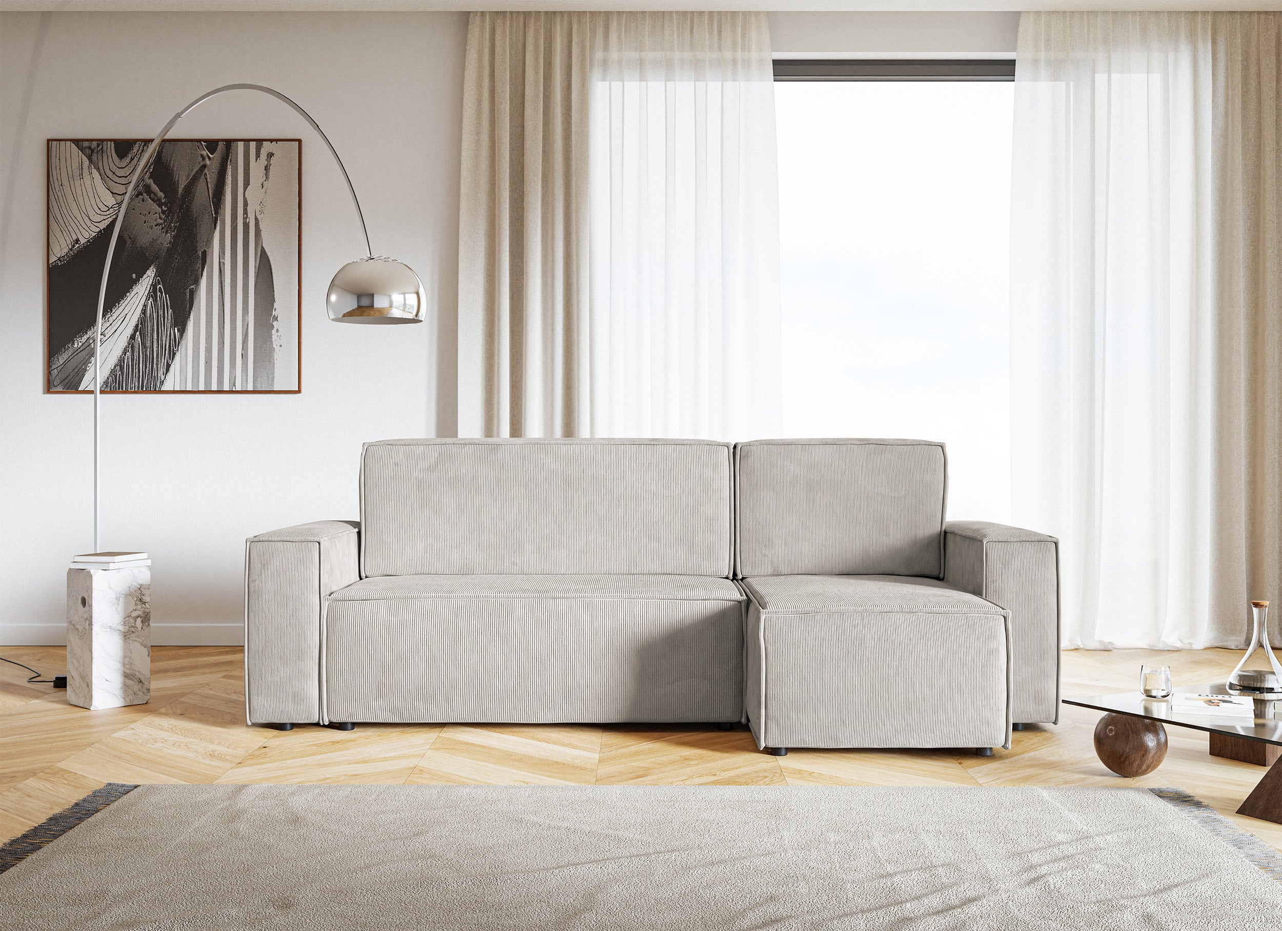 Ecksofa mit Schlaf-Funktion Copertino, L-förmig, mit Stauraum, universell, sandfarben, Cordstoff