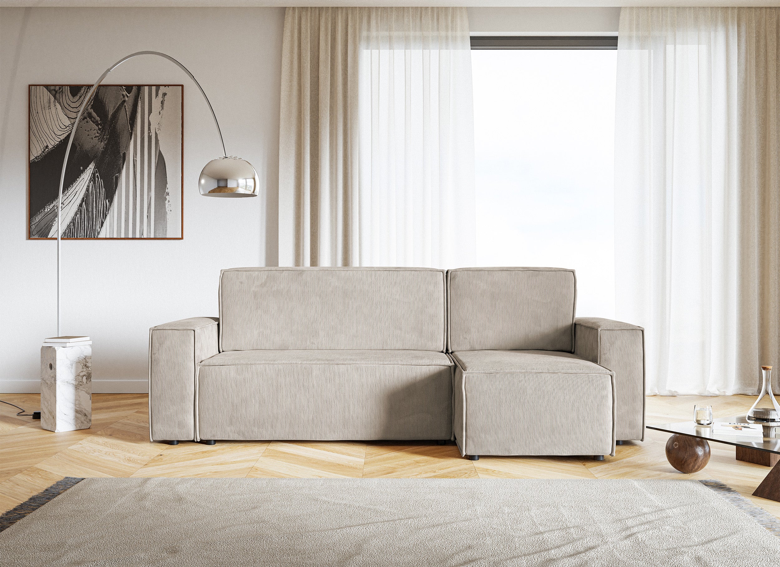Ecksofa mit Schlaffunktion Copertino, L-förmig, mit Stauraum, universell, beige Cord