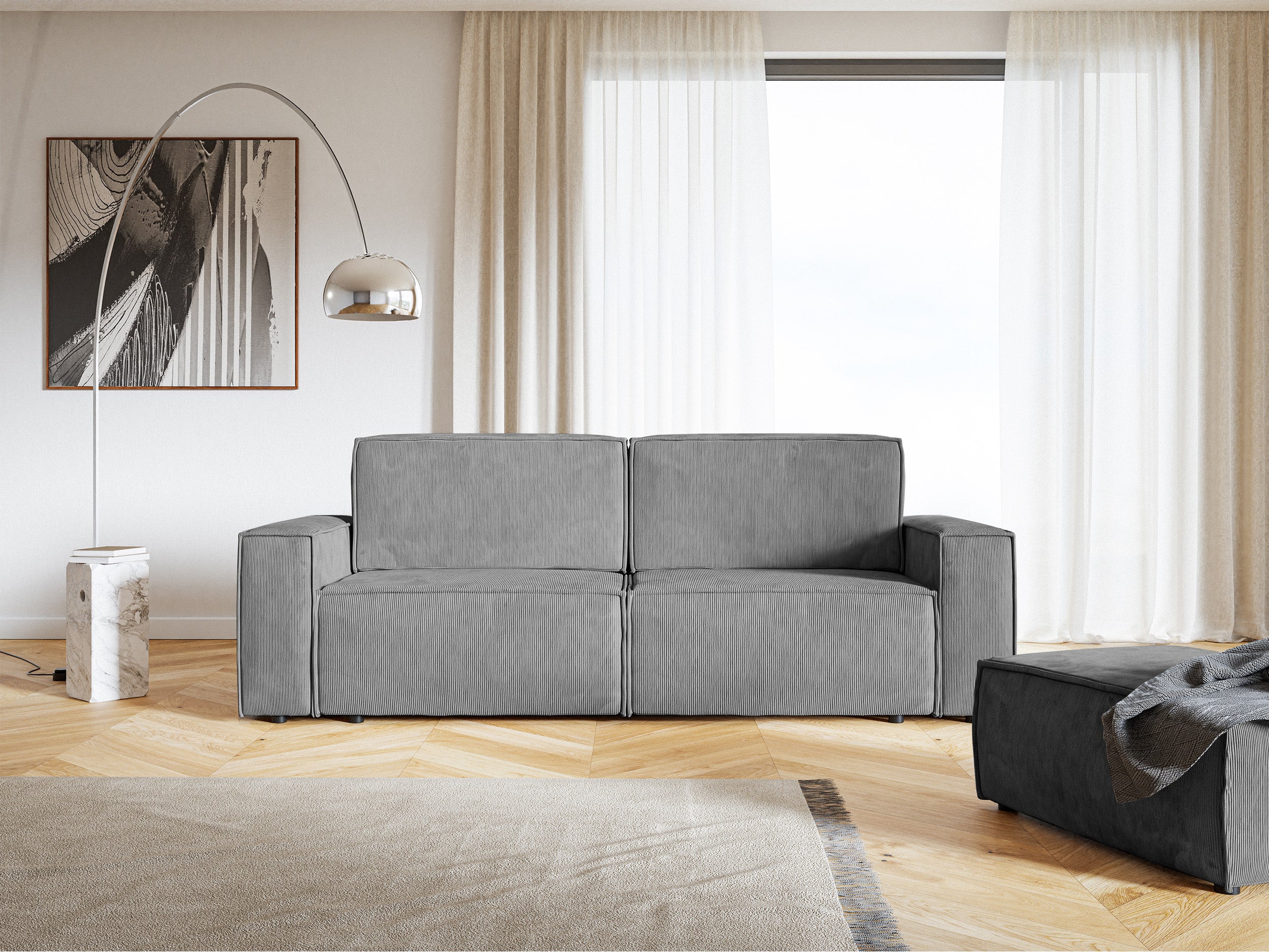 Dreisitziges ausklappbares Sofa Copertino in hellgrauem Cordstoff