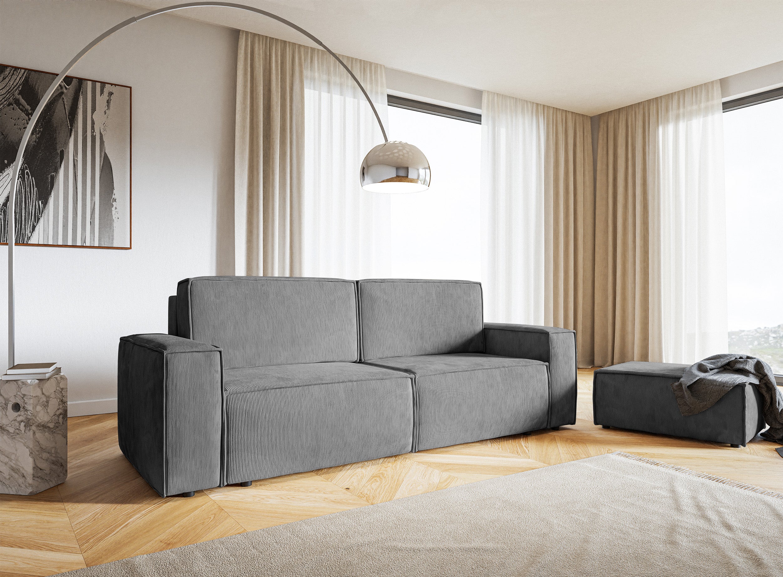 Dreisitziges ausklappbares Sofa Copertino in hellgrauem Cordstoff