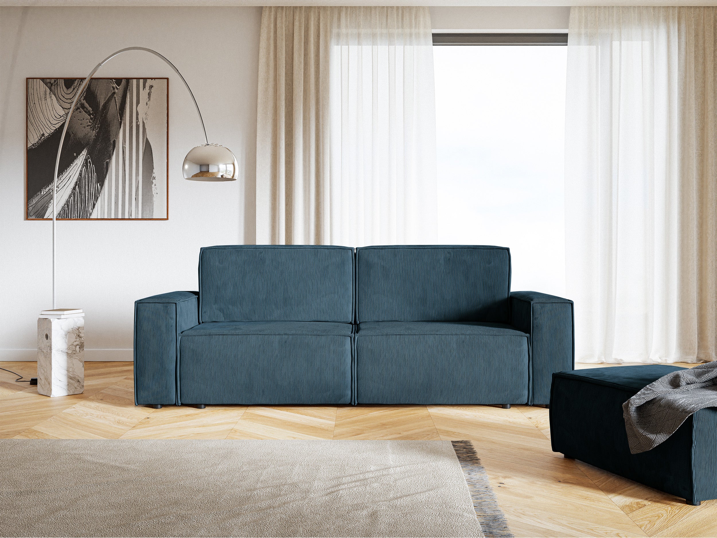 Dreisitziges ausklappbares Sofa Copertino in Marineblau aus Cordstoff