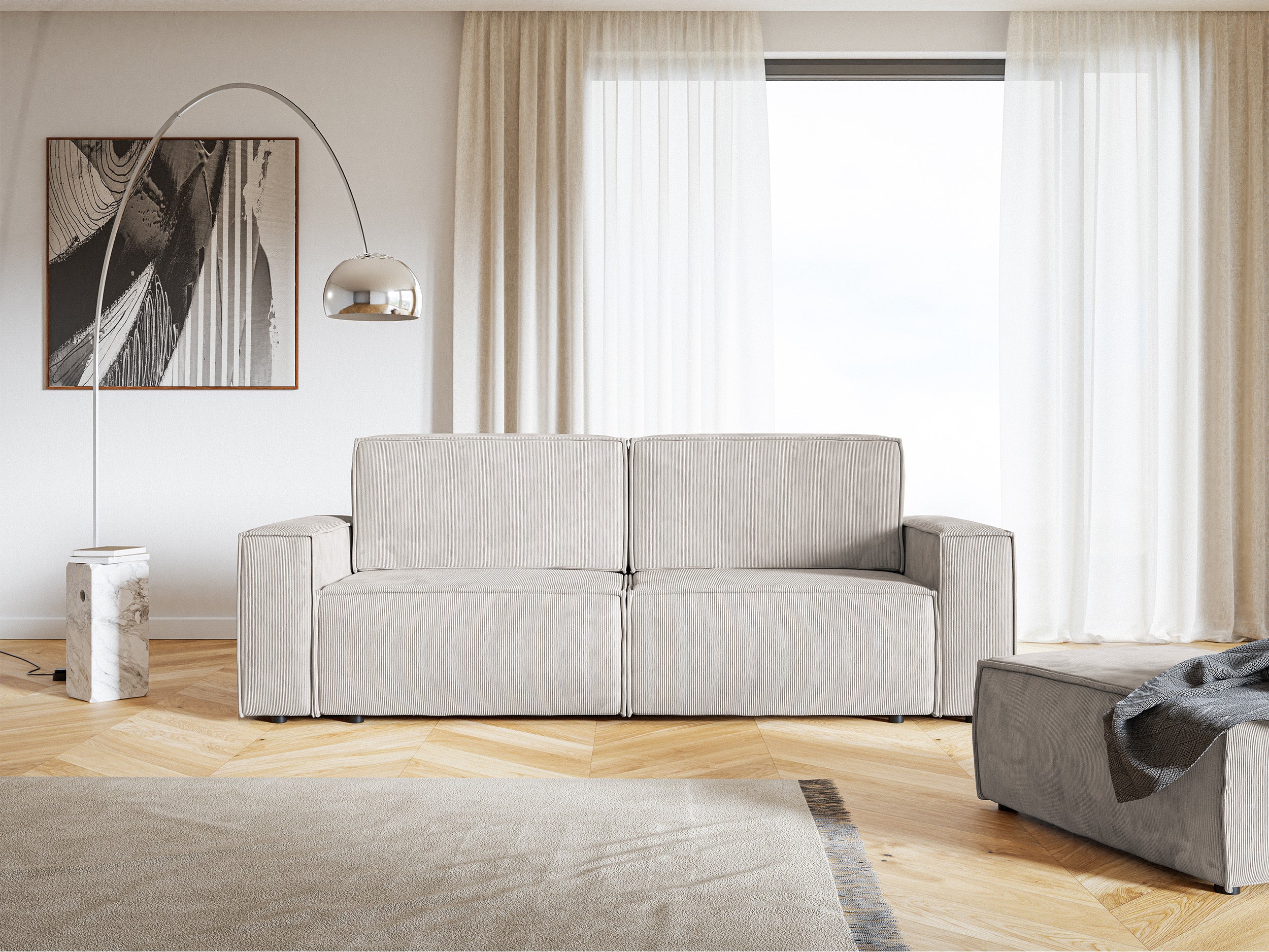 Dreisitziges ausklappbares Sofa Copertino in Sandfarbe, Cordstoff