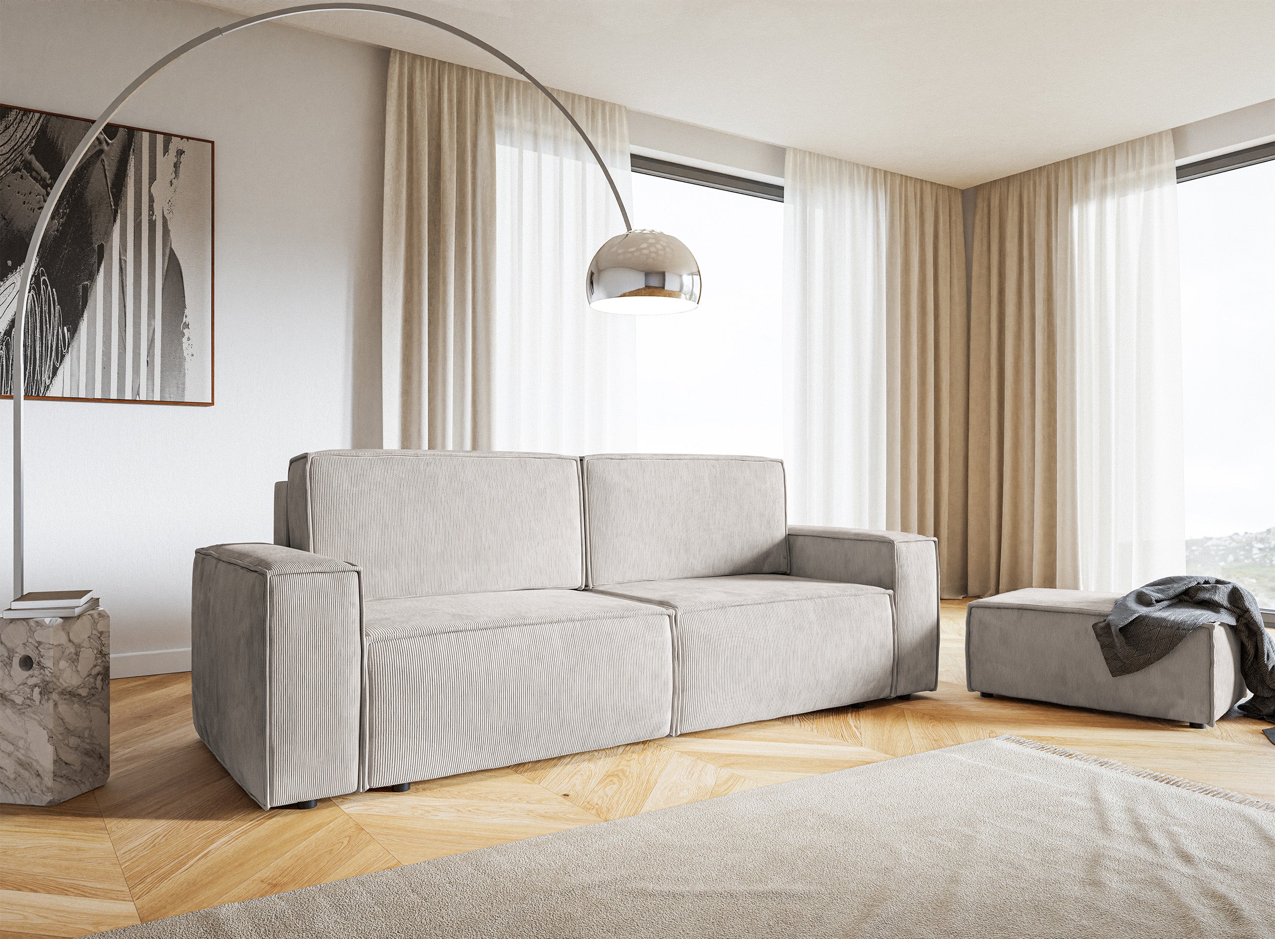 Dreisitziges ausklappbares Sofa Copertino in Sandfarbe, Cordstoff