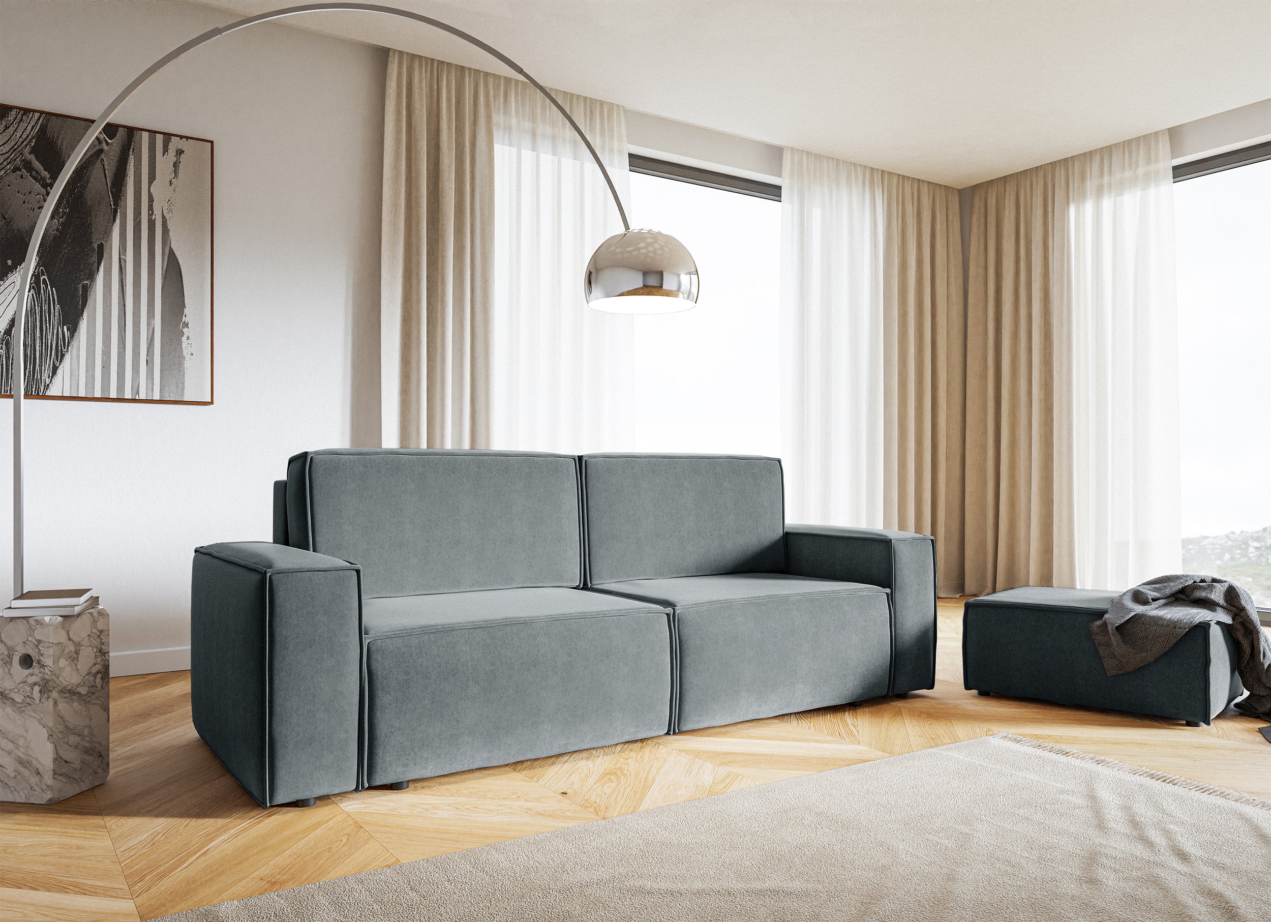 Dreisitziges ausklappbares Sofa Copertino, grauer wasserabweisender Velours