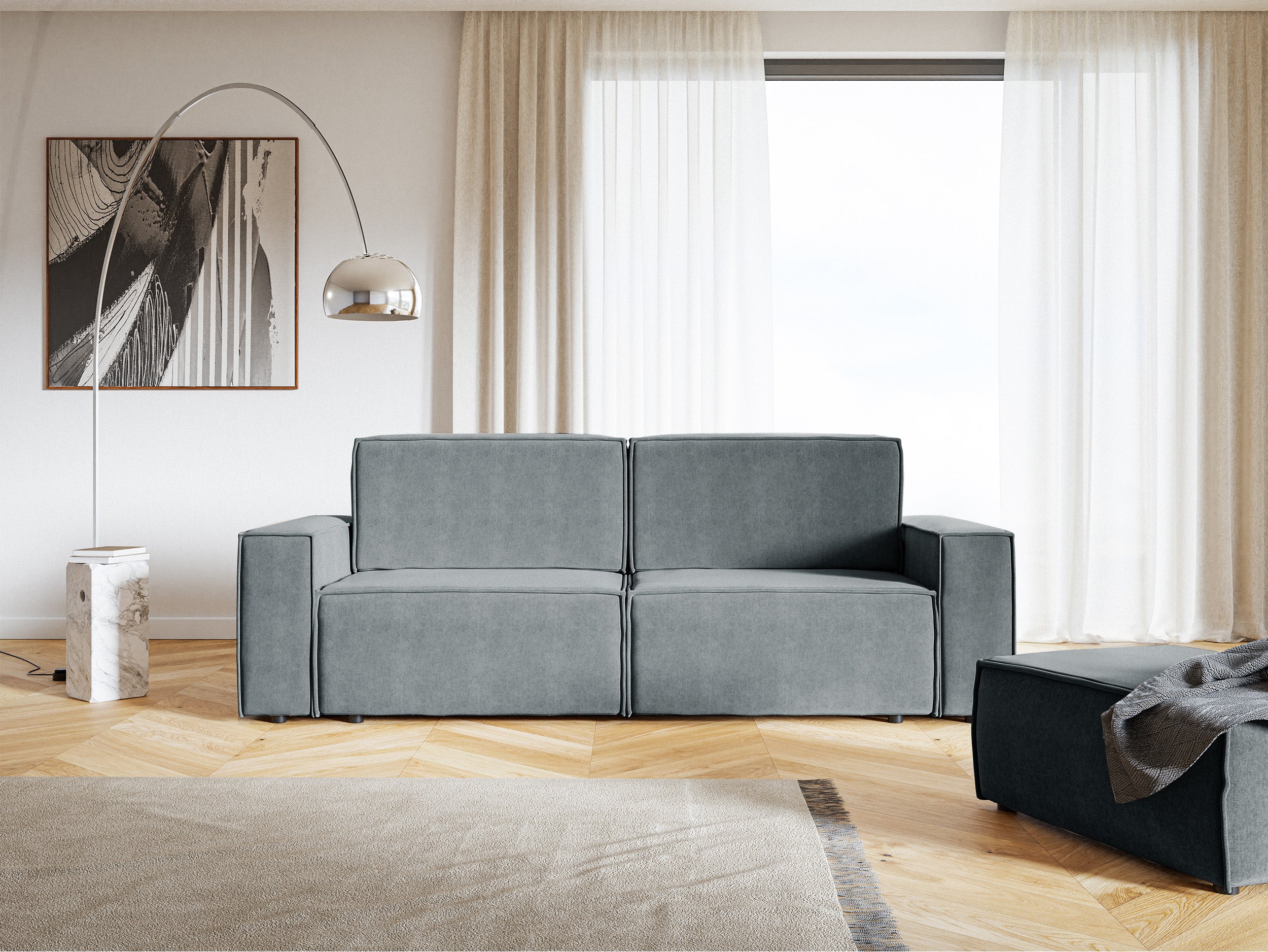Dreisitziges ausklappbares Sofa Copertino, grauer wasserabweisender Velours