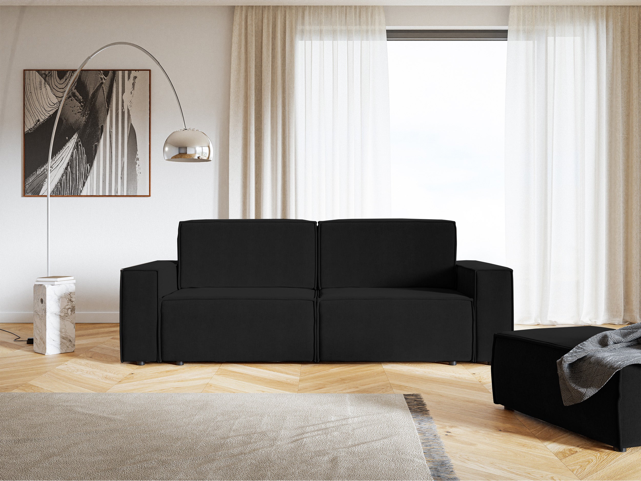 Schwarzes, dreisitziges Schlafsofa Copertino aus wasserabweisendem Velours