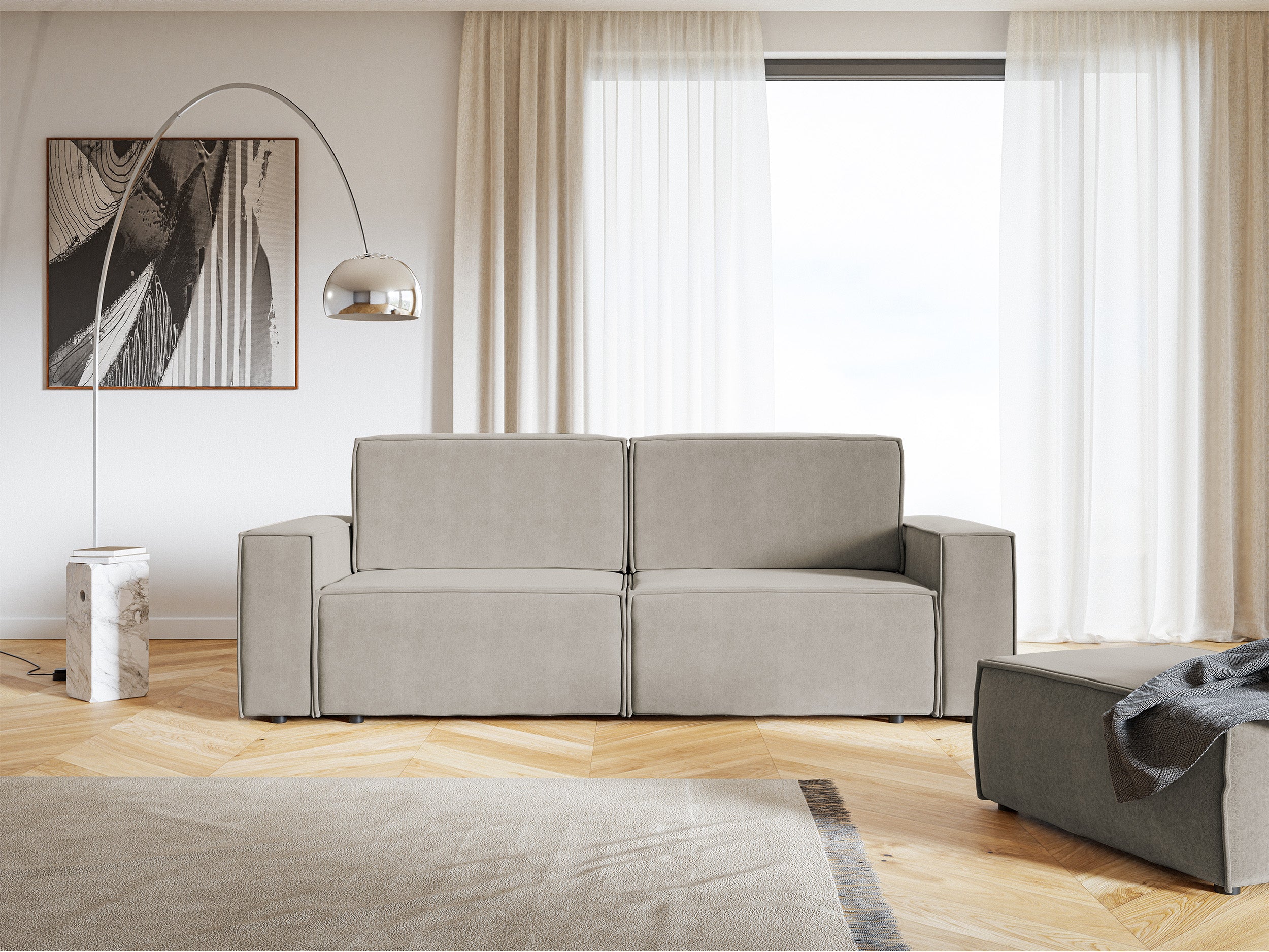Dreisitziges Schlafsofa Copertino in Grau-Beige, wasserabweisender Samtstoff