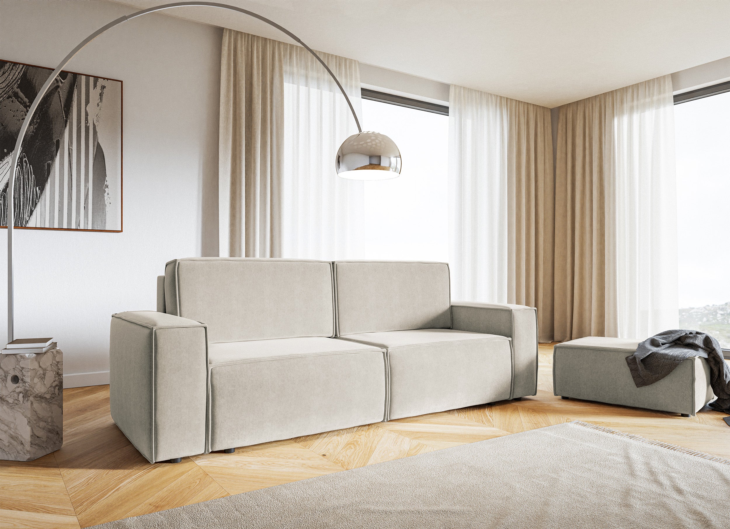 Dreisitziges ausziehbares Sofa Copertino, hellbeiger wasserabweisender Veloursstoff