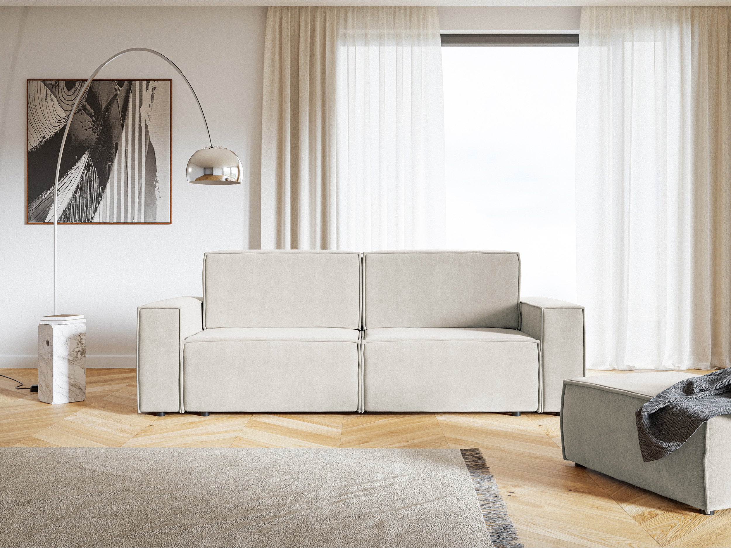 Dreisitziges ausziehbares Sofa Copertino, hellbeiger wasserabweisender Veloursstoff