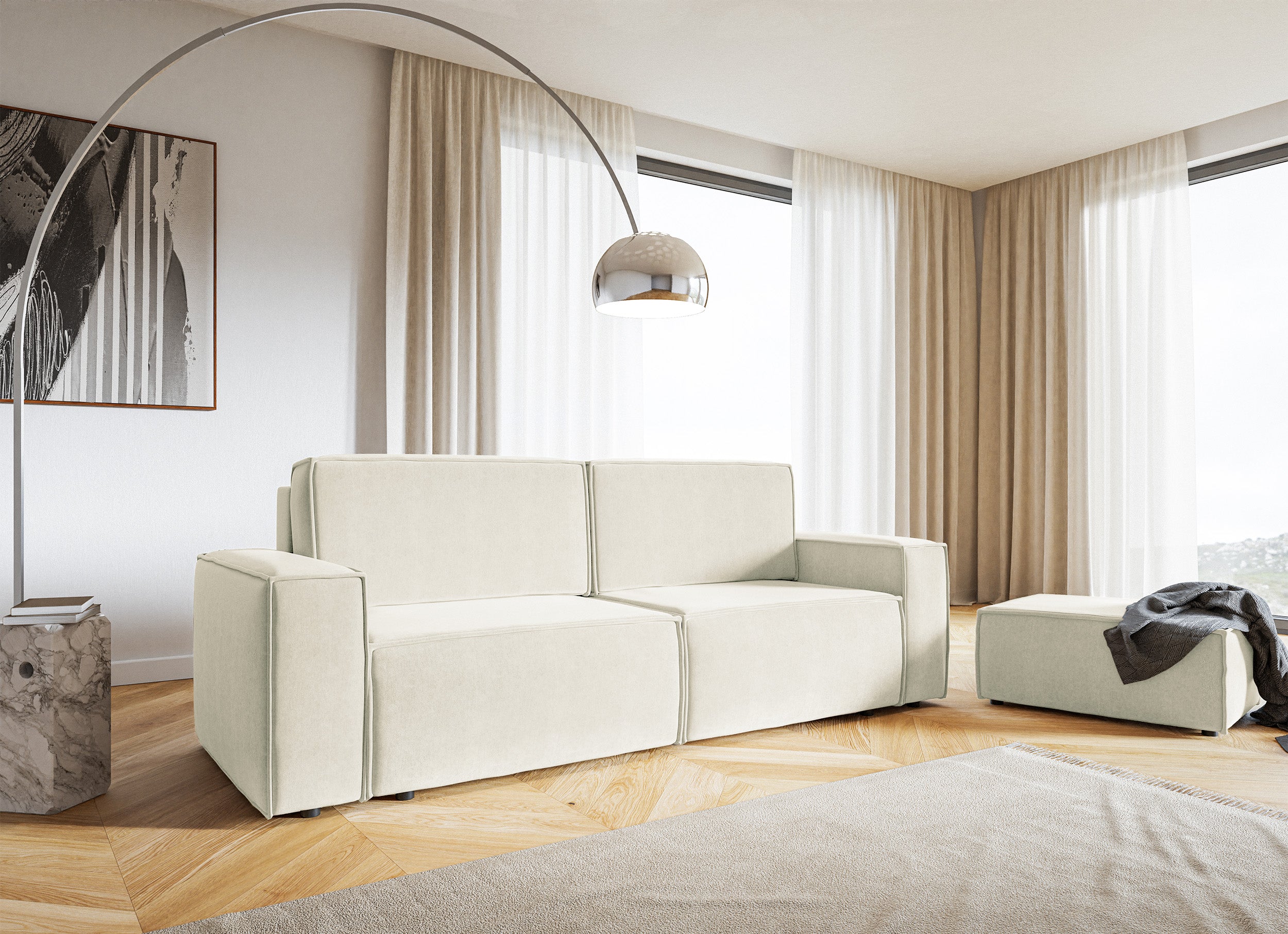 Drei-Sitzer-Schlafsofa Copertino, cremefarben, Velours, wasserabweisend