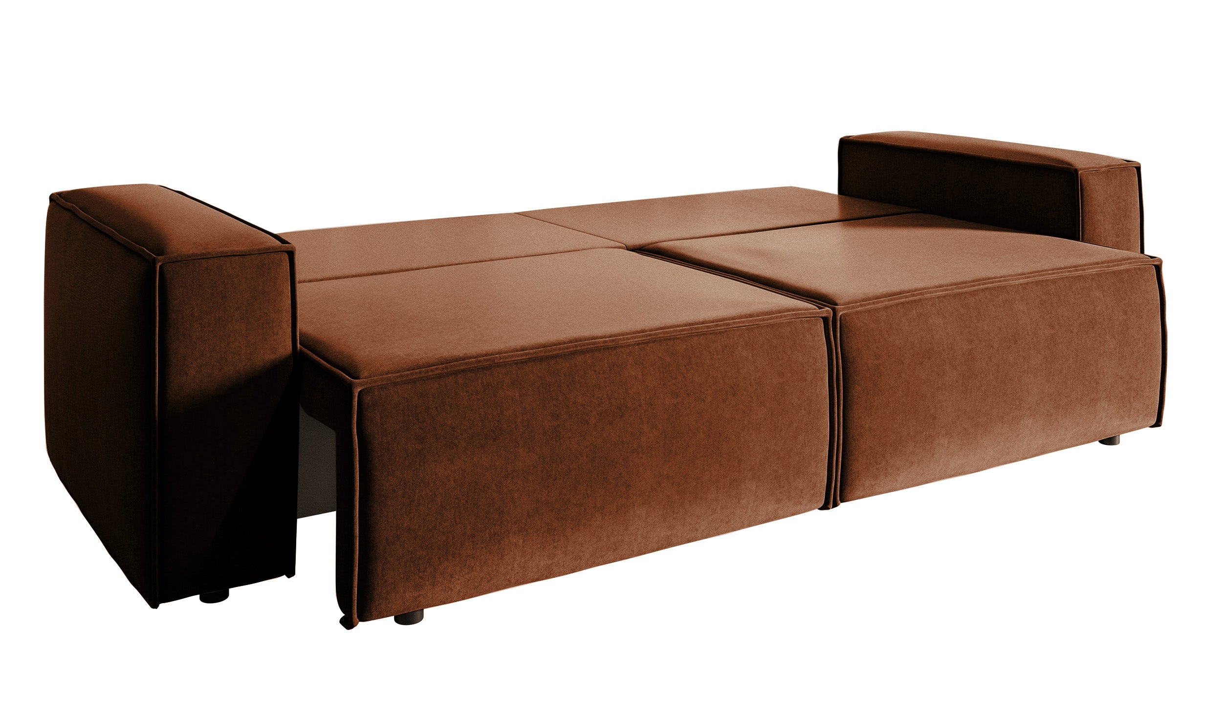 Dreisitziges ausklappbares Sofa Copertino, kupferfarbener Velours mit wasserabweisender Beschichtung