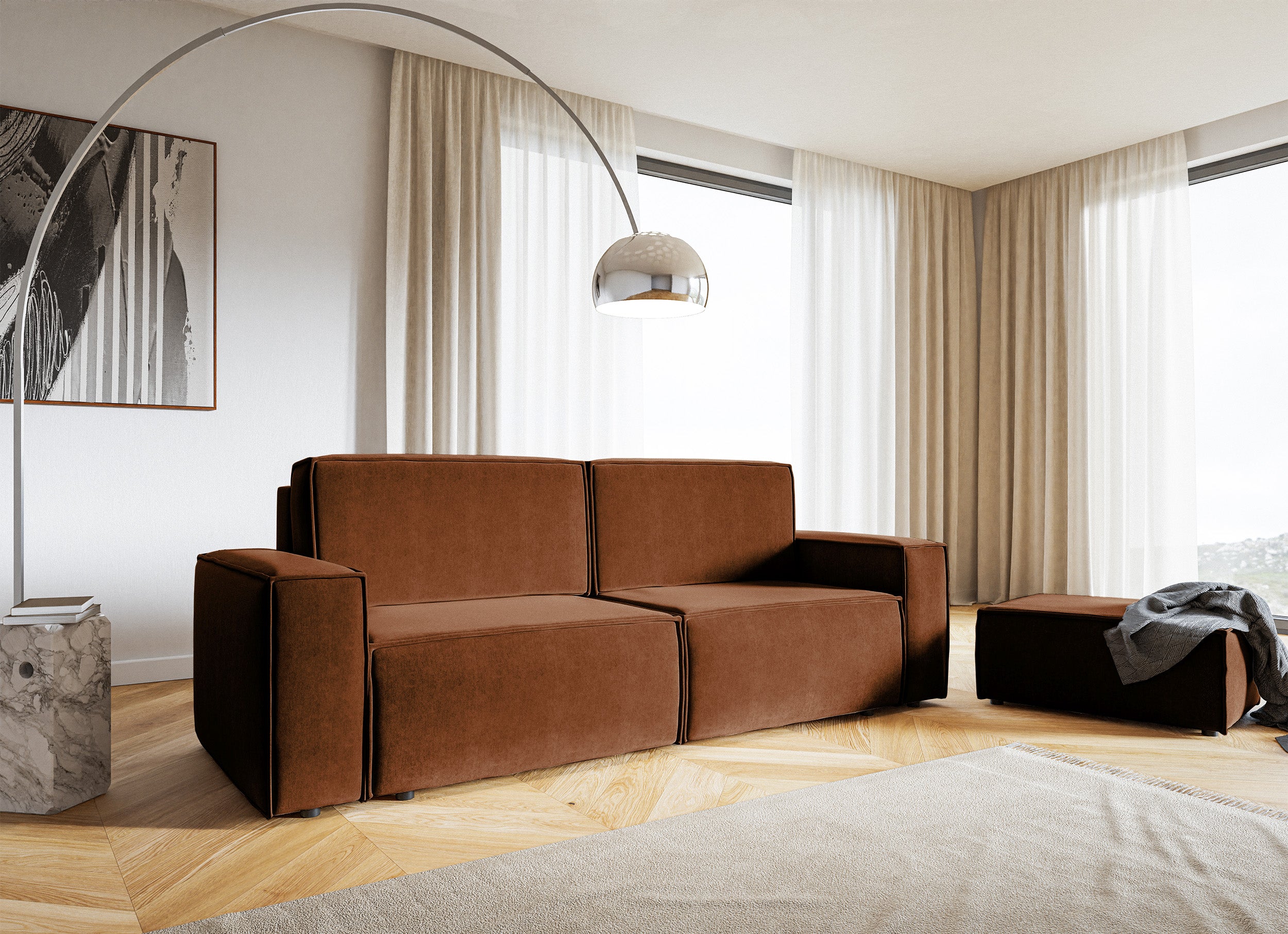 Dreisitziges ausklappbares Sofa Copertino, kupferfarbener Velours mit wasserabweisender Beschichtung