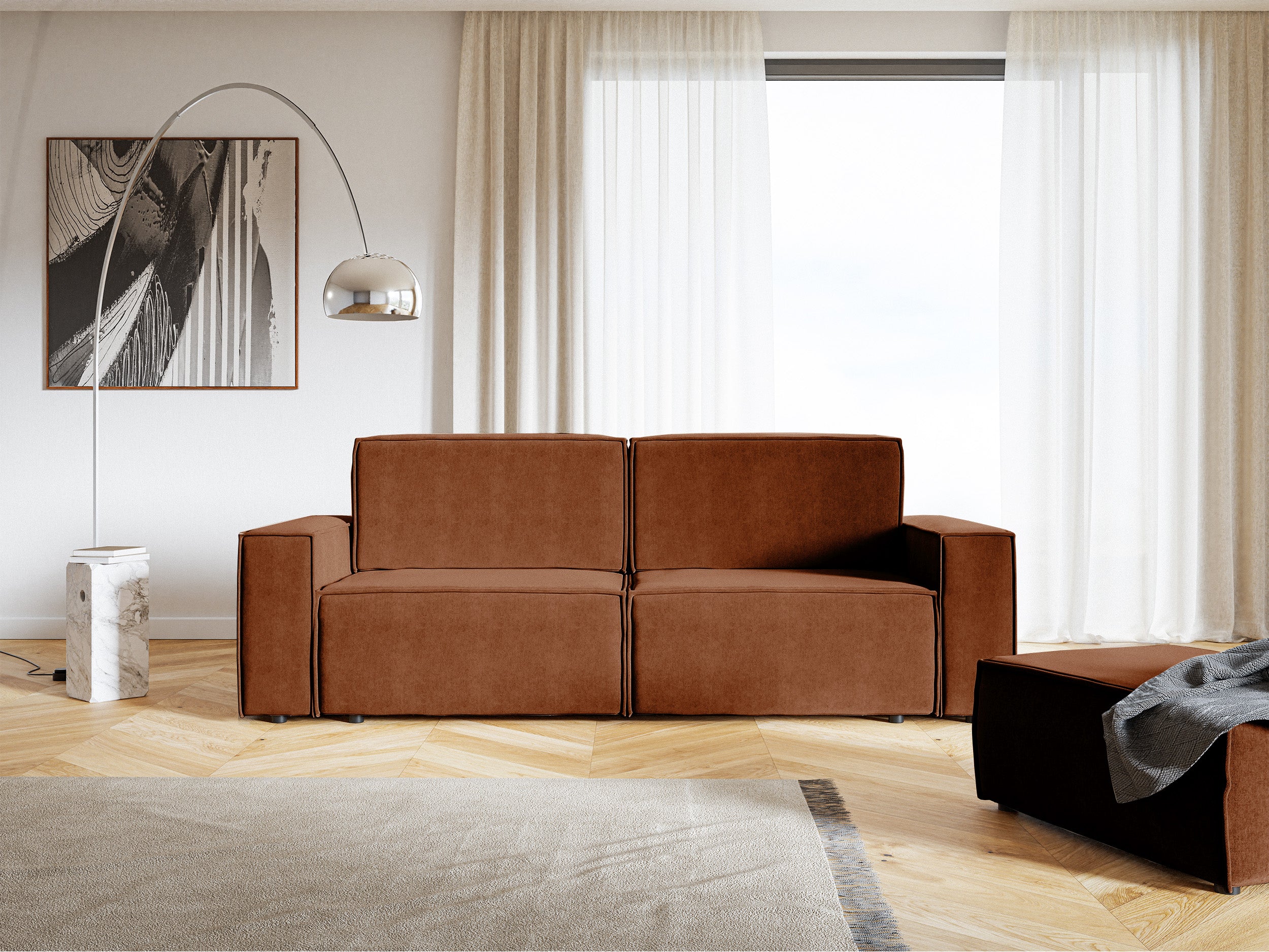 Dreisitziges ausklappbares Sofa Copertino, kupferfarbener Velours mit wasserabweisender Beschichtung