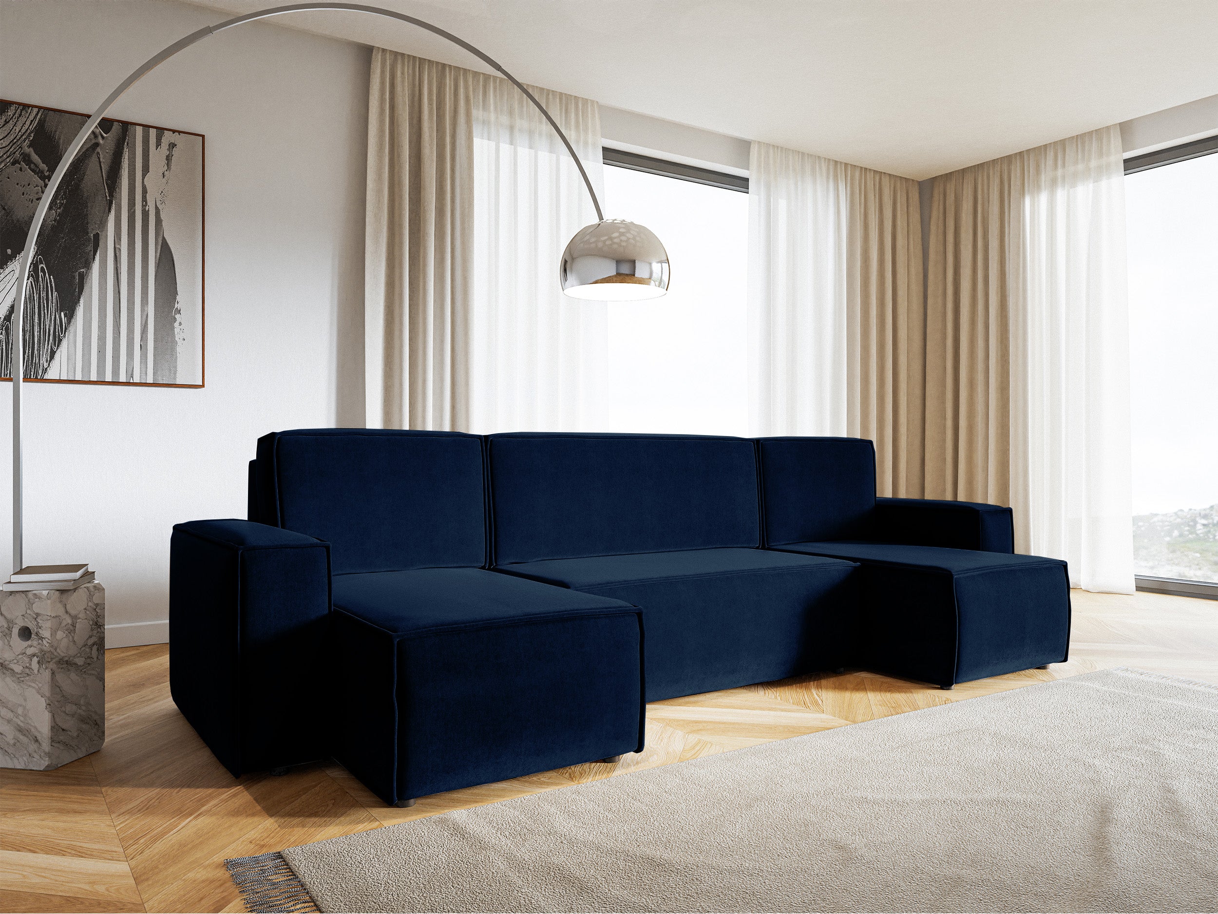 U-förmiges Ecksofa Copertino mit Schlaffunktion, Stauraum, universell einsetzbar, marineblauer, hydrophober Samtstoff