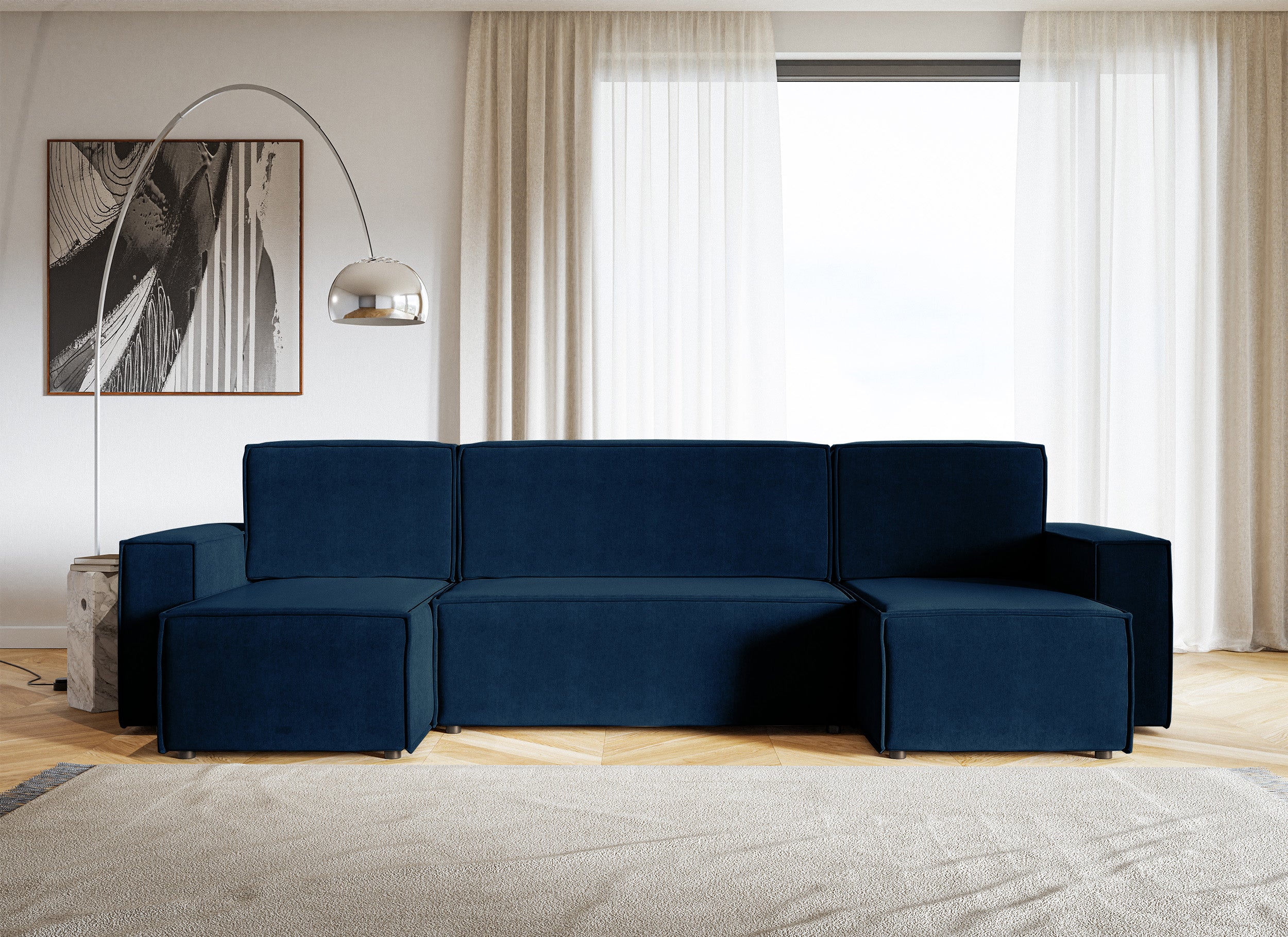U-förmiges Ecksofa Copertino mit Schlaffunktion, Stauraum, universell einsetzbar, marineblauer, hydrophober Samtstoff