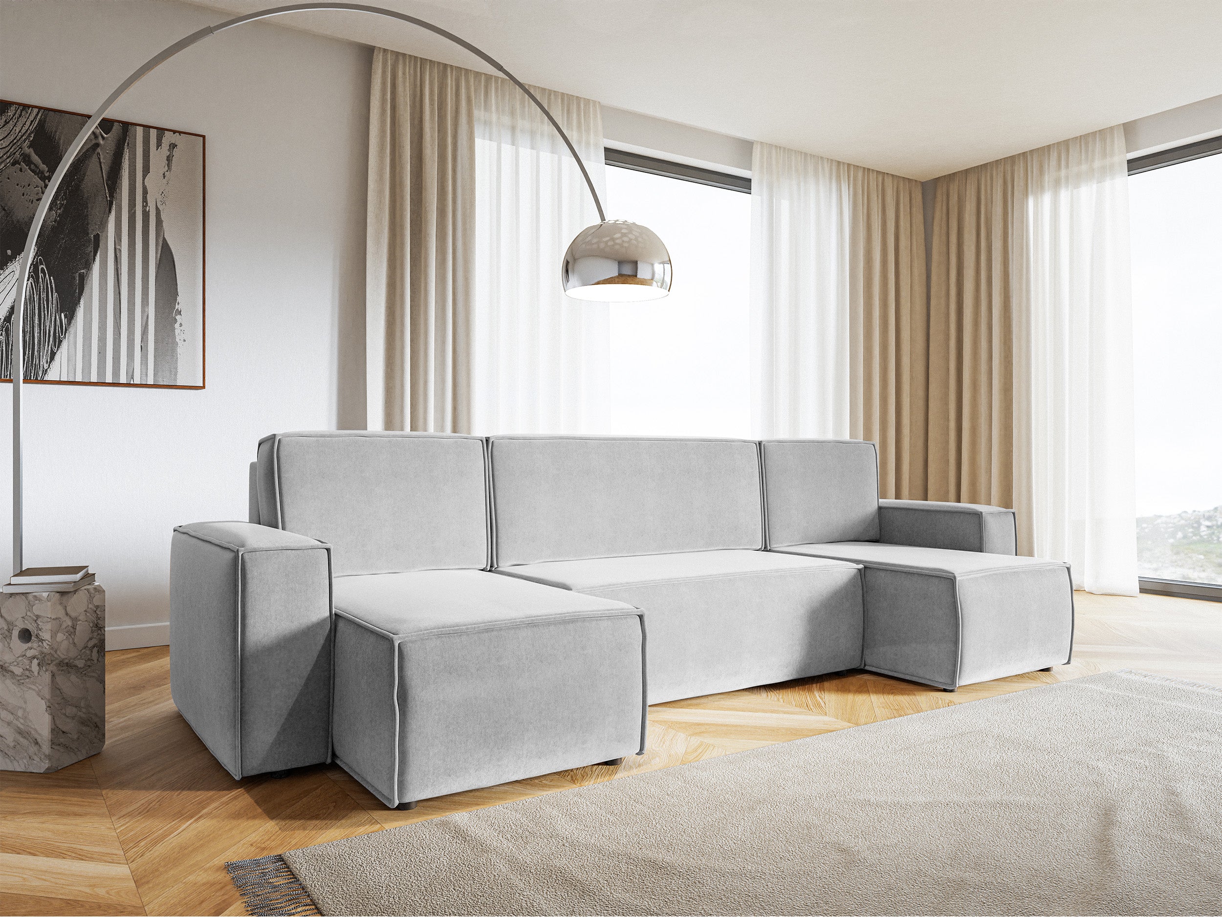 U-förmiges Ecksofa Copertino mit Schlaffunktion, universellem Stauraum, hellgrauer, wasserabweisender Samtbezug