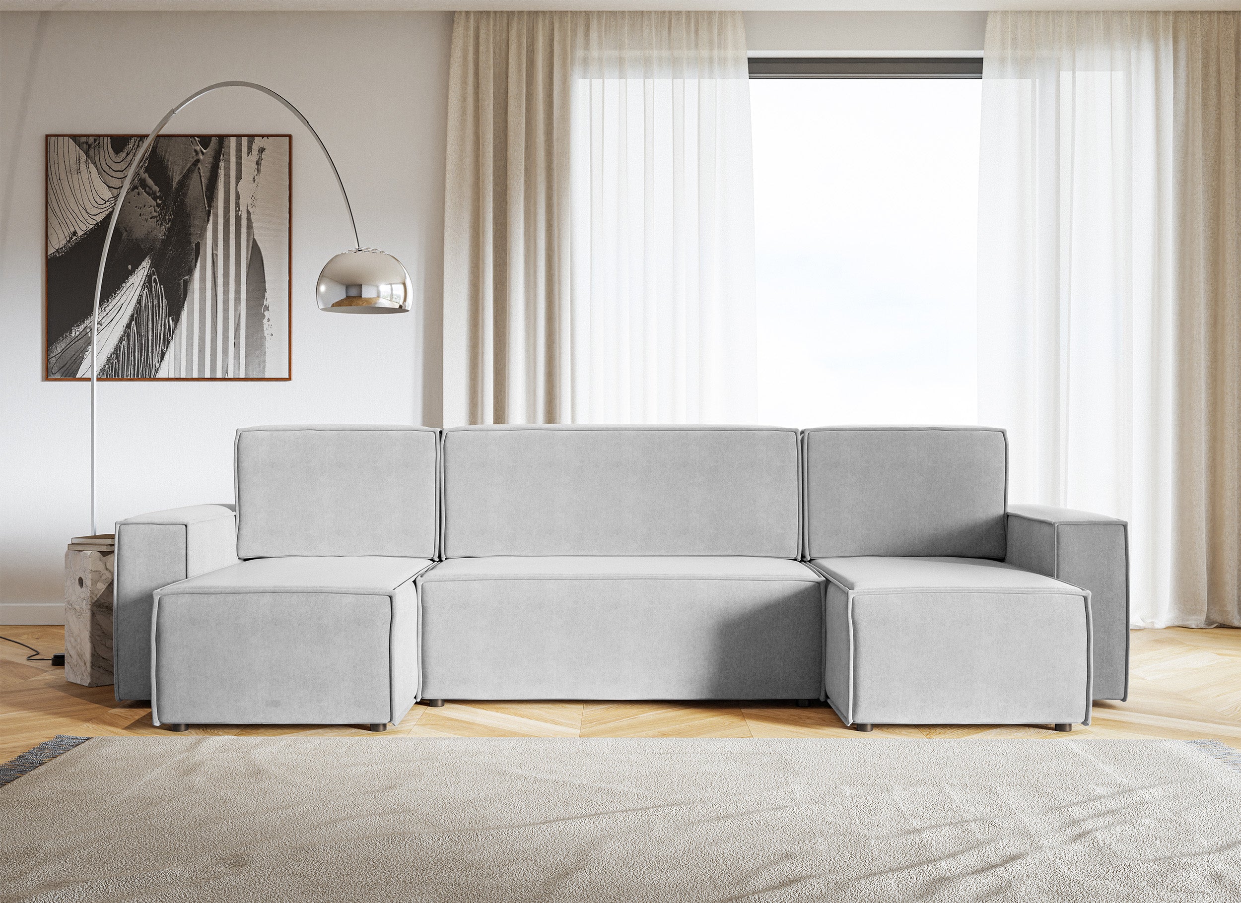 U-förmiges Ecksofa Copertino mit Schlaffunktion, universellem Stauraum, hellgrauer, wasserabweisender Samtbezug