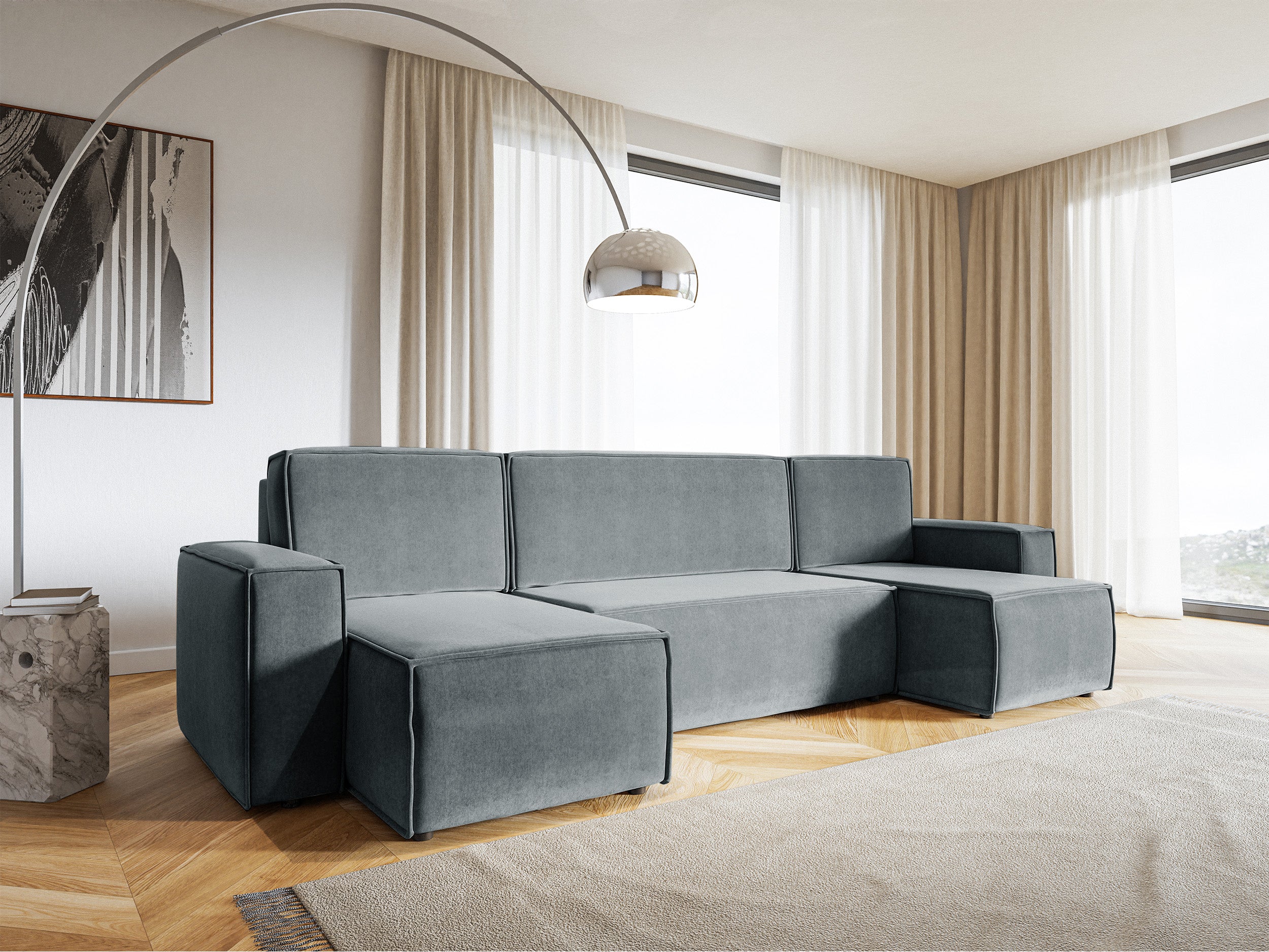 U-förmiges Ecksofa Copertino mit Schlaffunktion, Stauraum, universell, grau, wasserabweisender Samtstoff