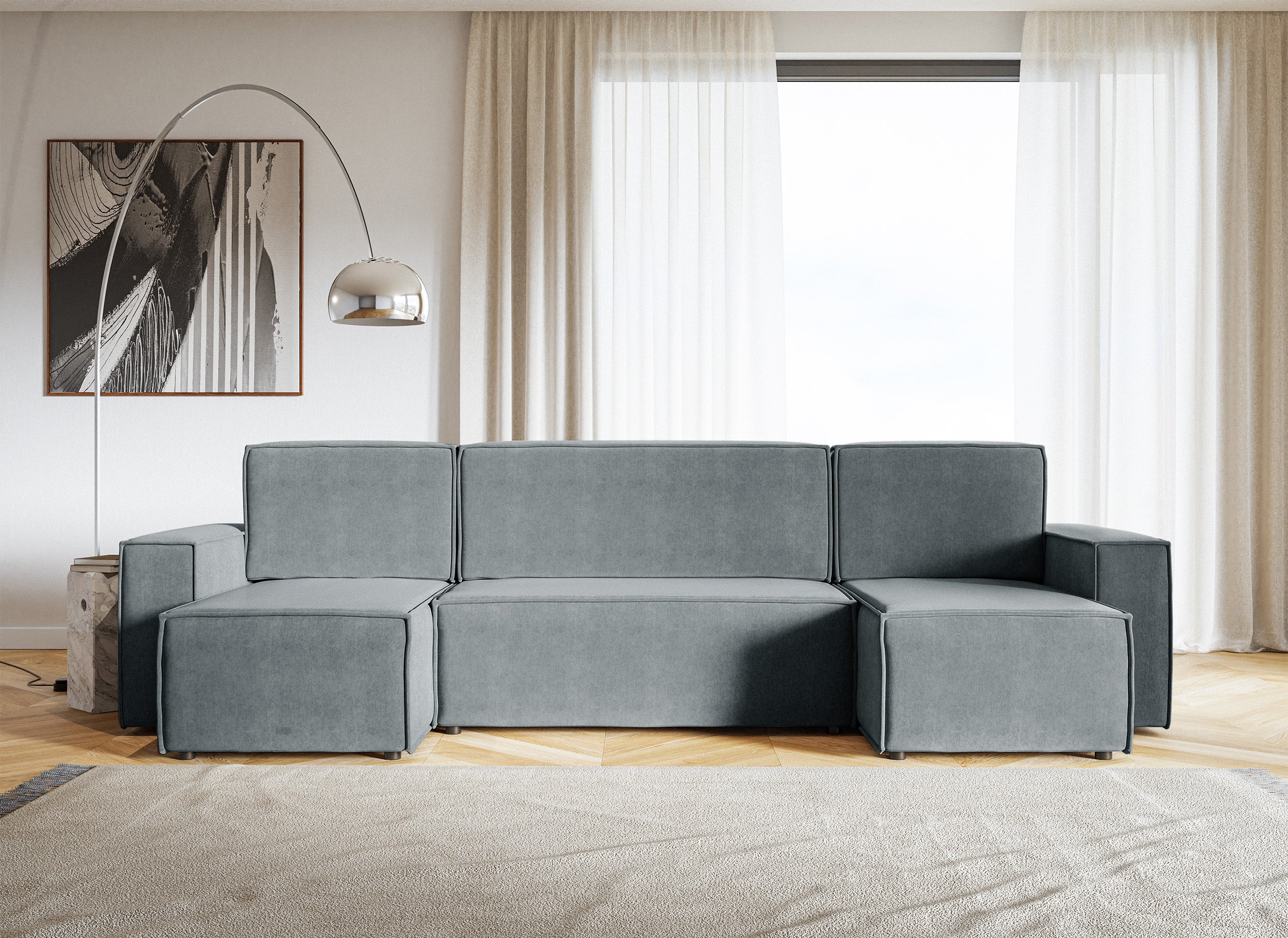 U-förmiges Ecksofa Copertino mit Schlaffunktion, Stauraum, universell, grau, wasserabweisender Samtstoff
