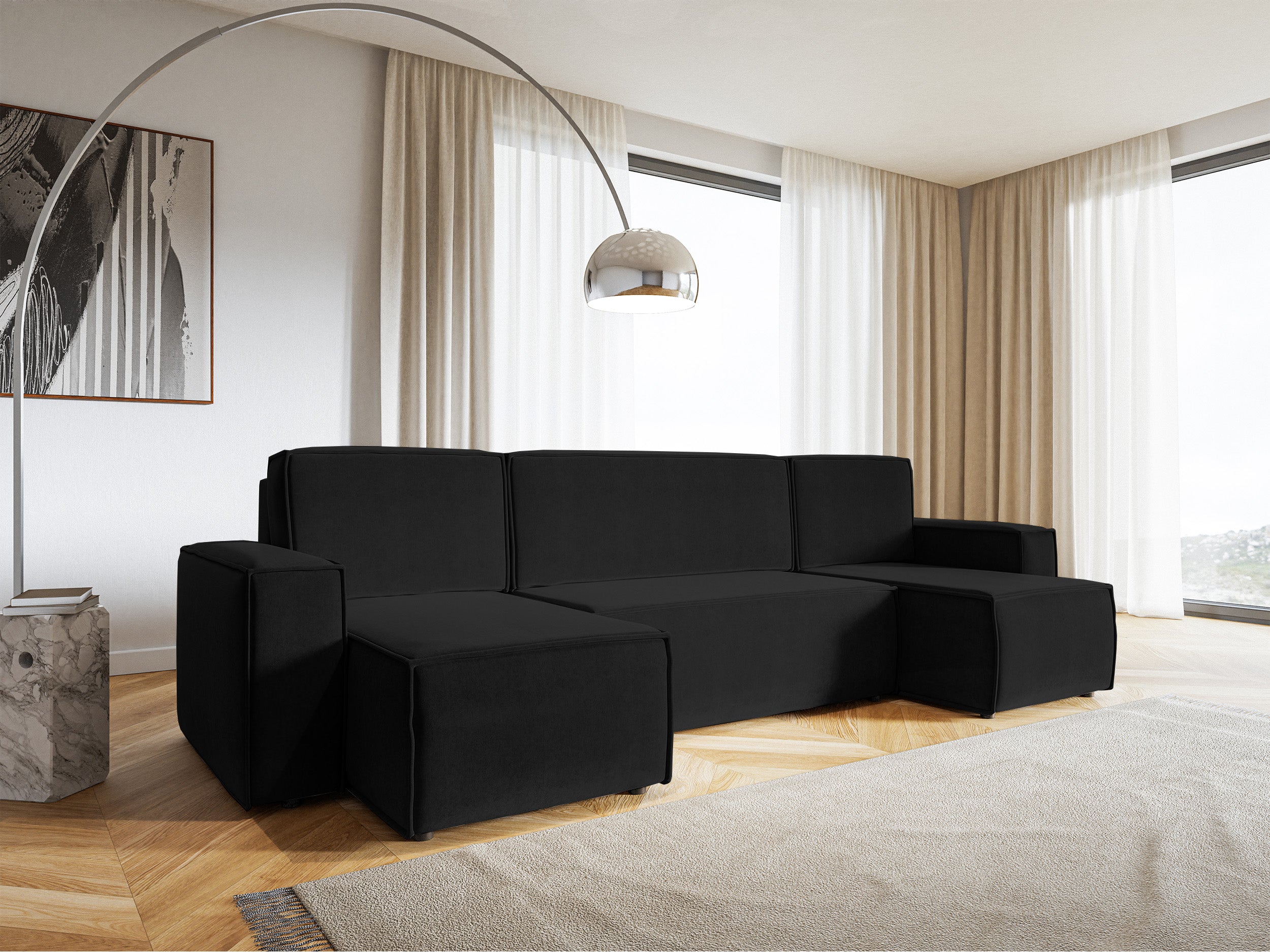 U-förmige Eckcouch Copertino mit Schlaffunktion, universeller Stauraum, schwarzer hydrophober Samt