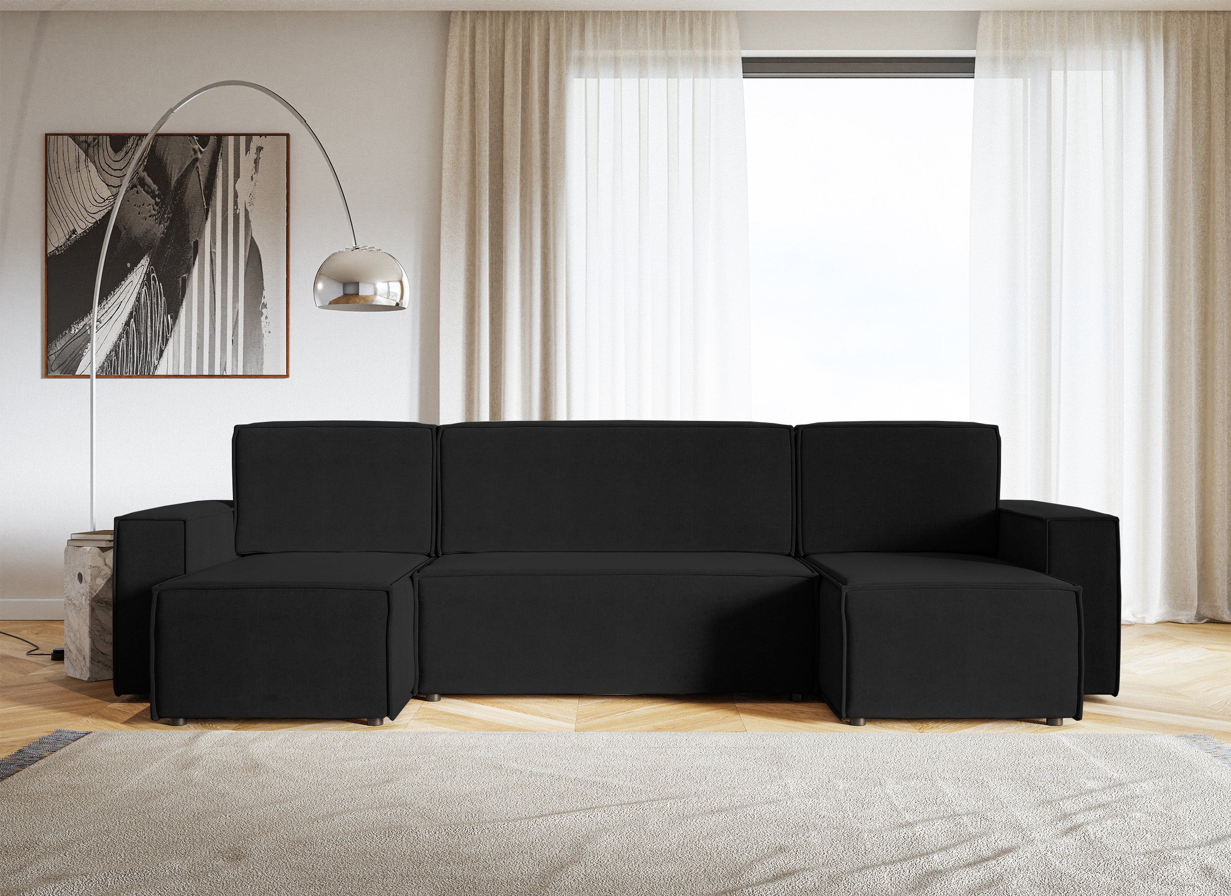 U-förmige Eckcouch Copertino mit Schlaffunktion, universeller Stauraum, schwarzer hydrophober Samt