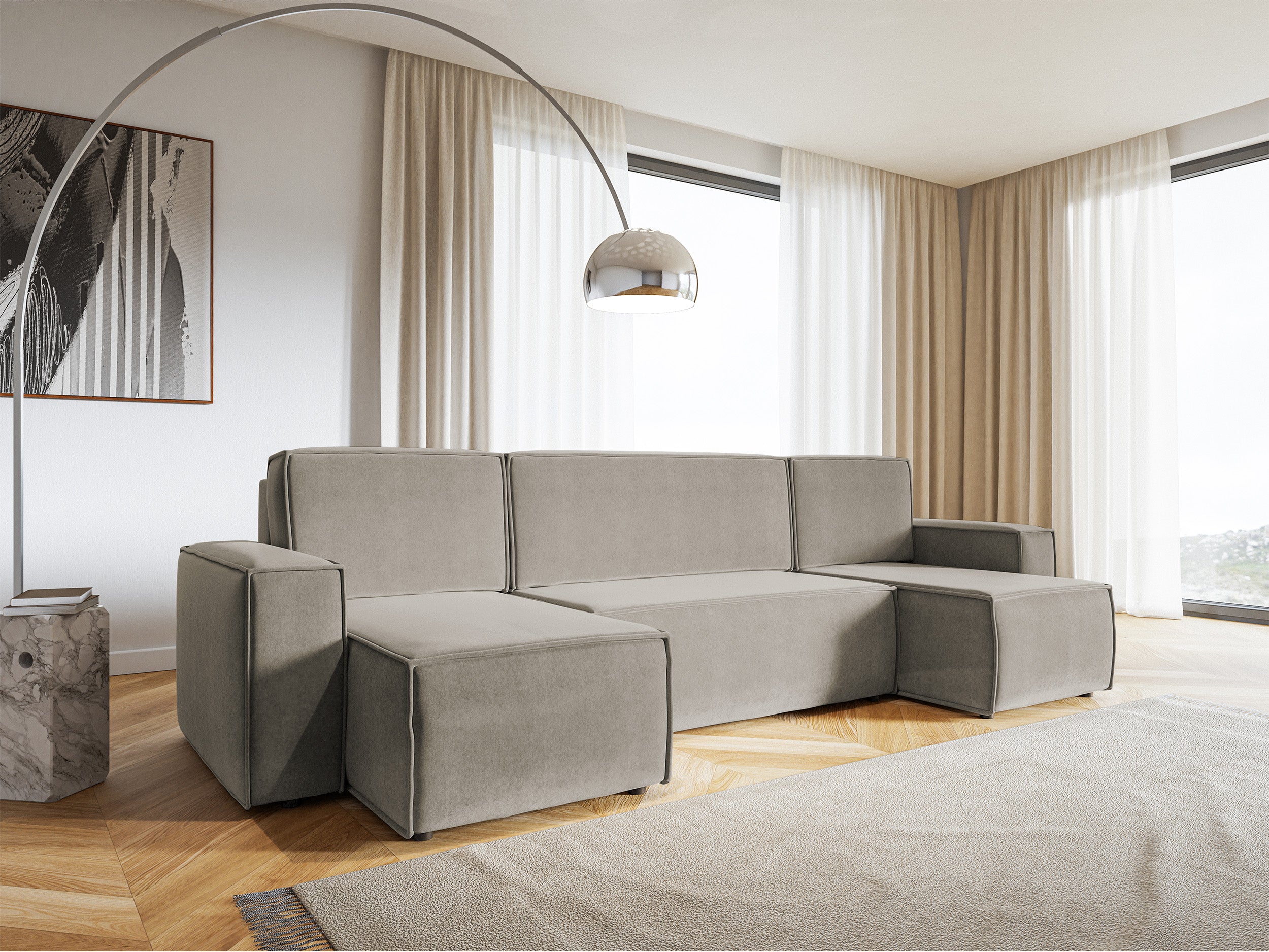 Ecksofa mit Schlaffunktion Copertino U-förmig mit Stauraum, universell, grau-beiger hydrophober Samtstoff