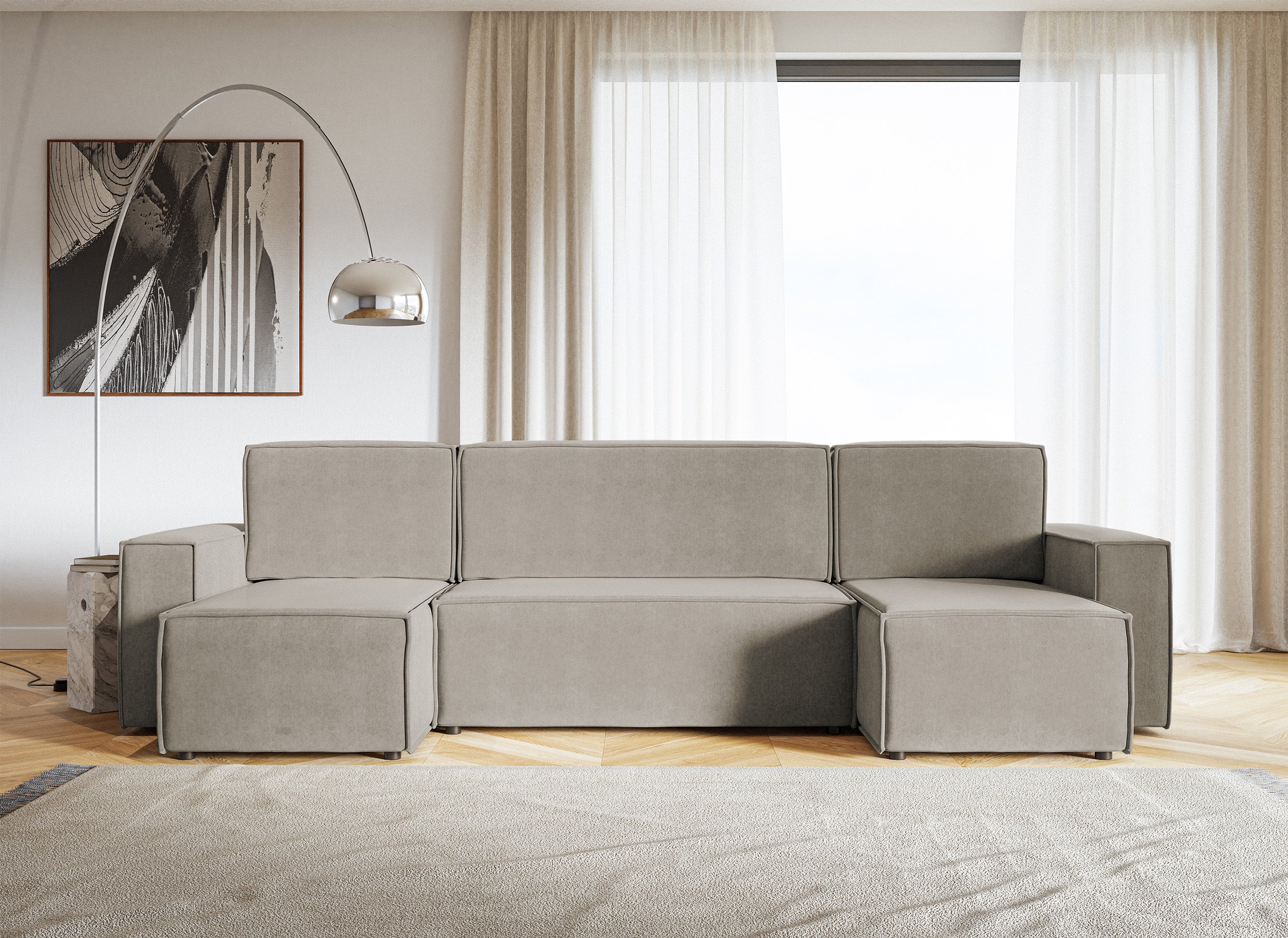 Ecksofa mit Schlaffunktion Copertino U-förmig mit Stauraum, universell, grau-beiger hydrophober Samtstoff