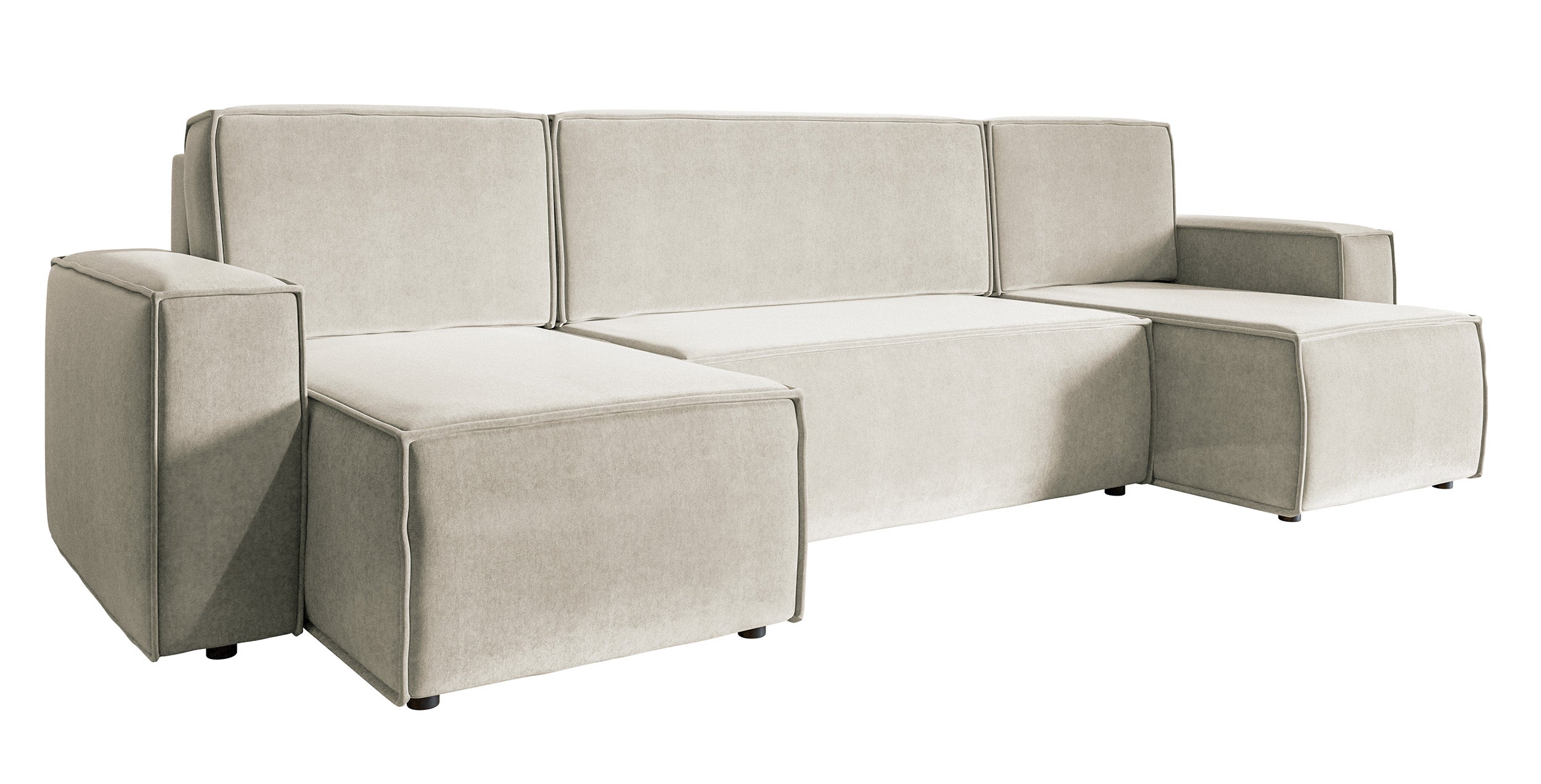 U-förmiges Ecksofa Copertino mit Schlaffunktion, universalem Stauraum, hellbeiger, wasserabweisender Samtvelours