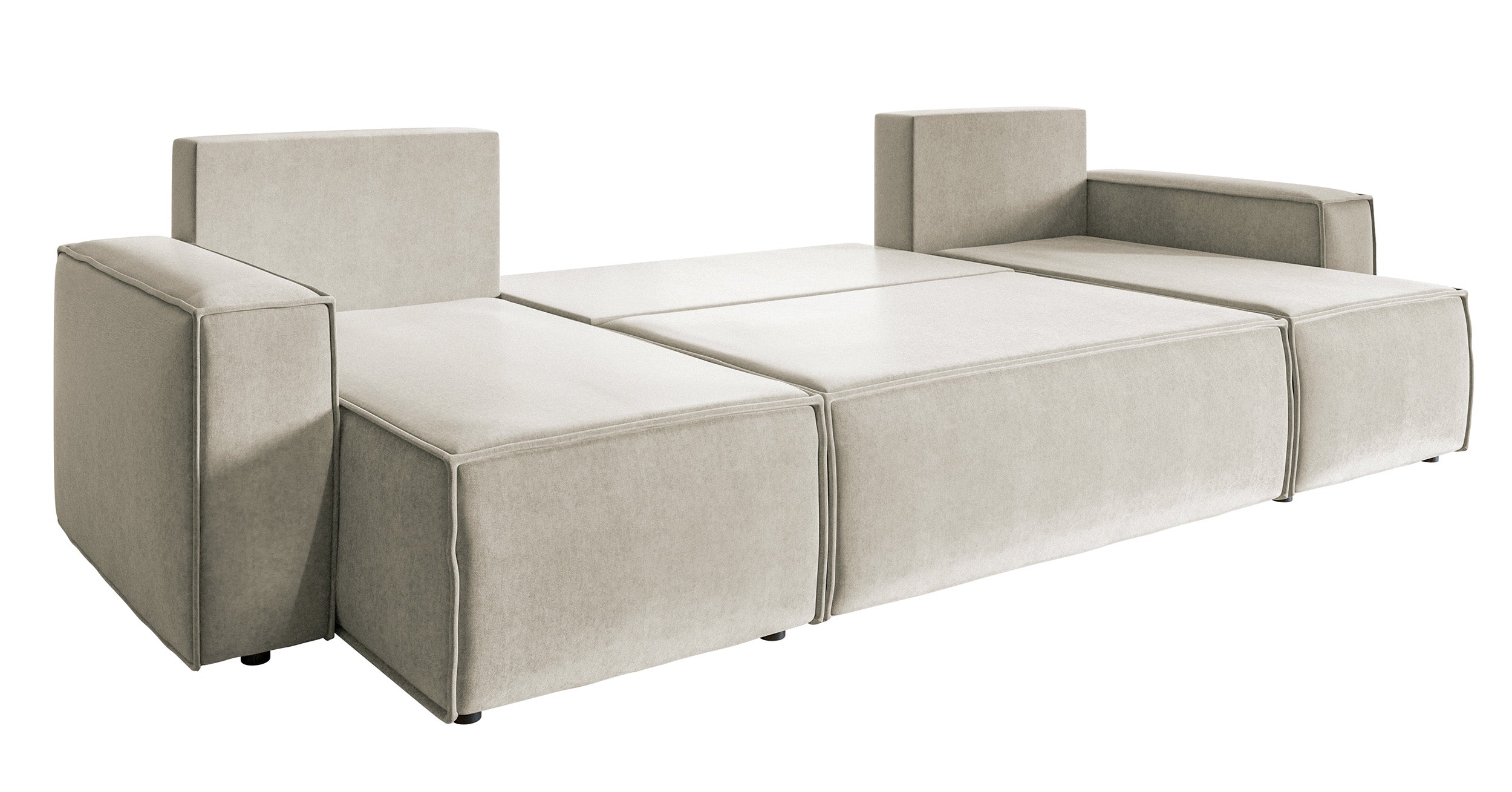 U-förmiges Ecksofa Copertino mit Schlaffunktion, universalem Stauraum, hellbeiger, wasserabweisender Samtvelours