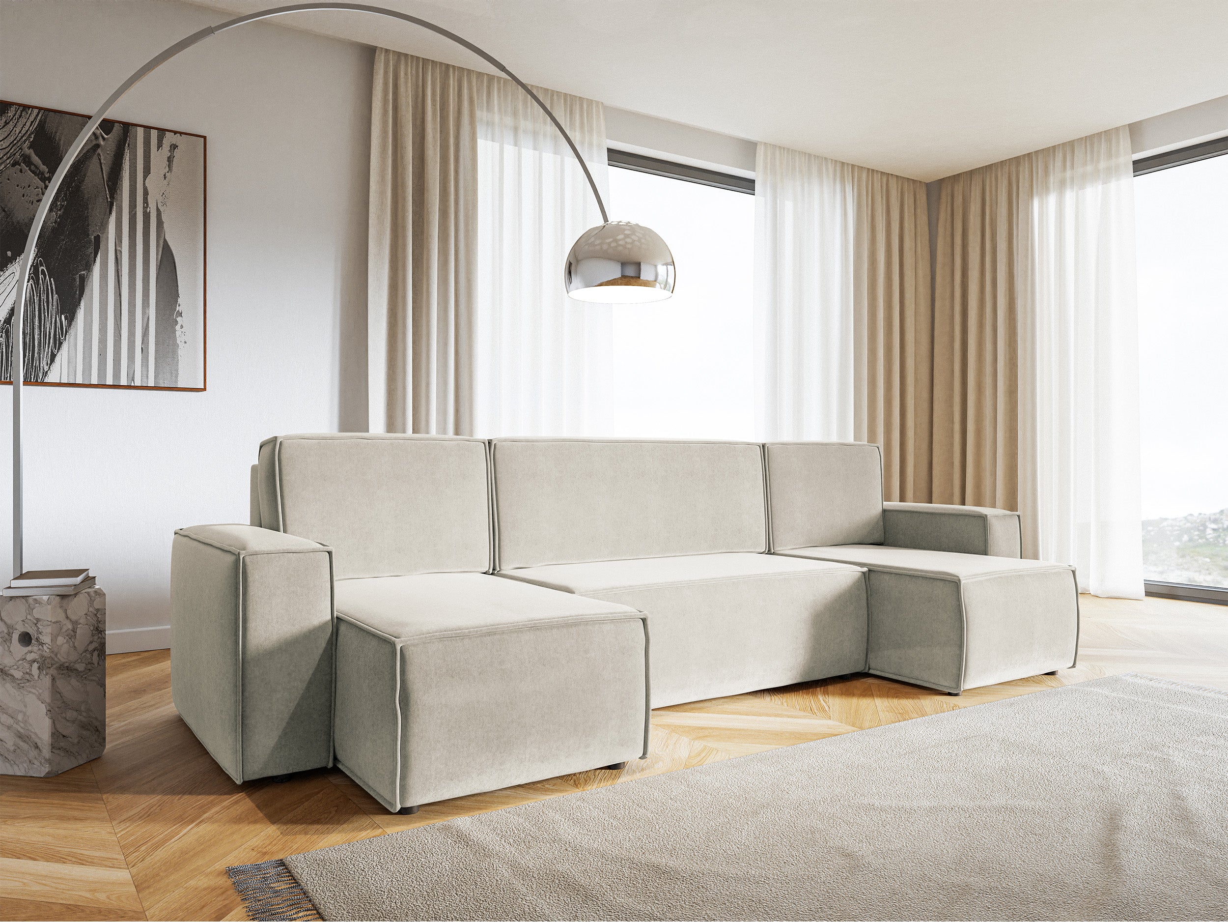 U-förmiges Ecksofa Copertino mit Schlaffunktion, universalem Stauraum, hellbeiger, wasserabweisender Samtvelours