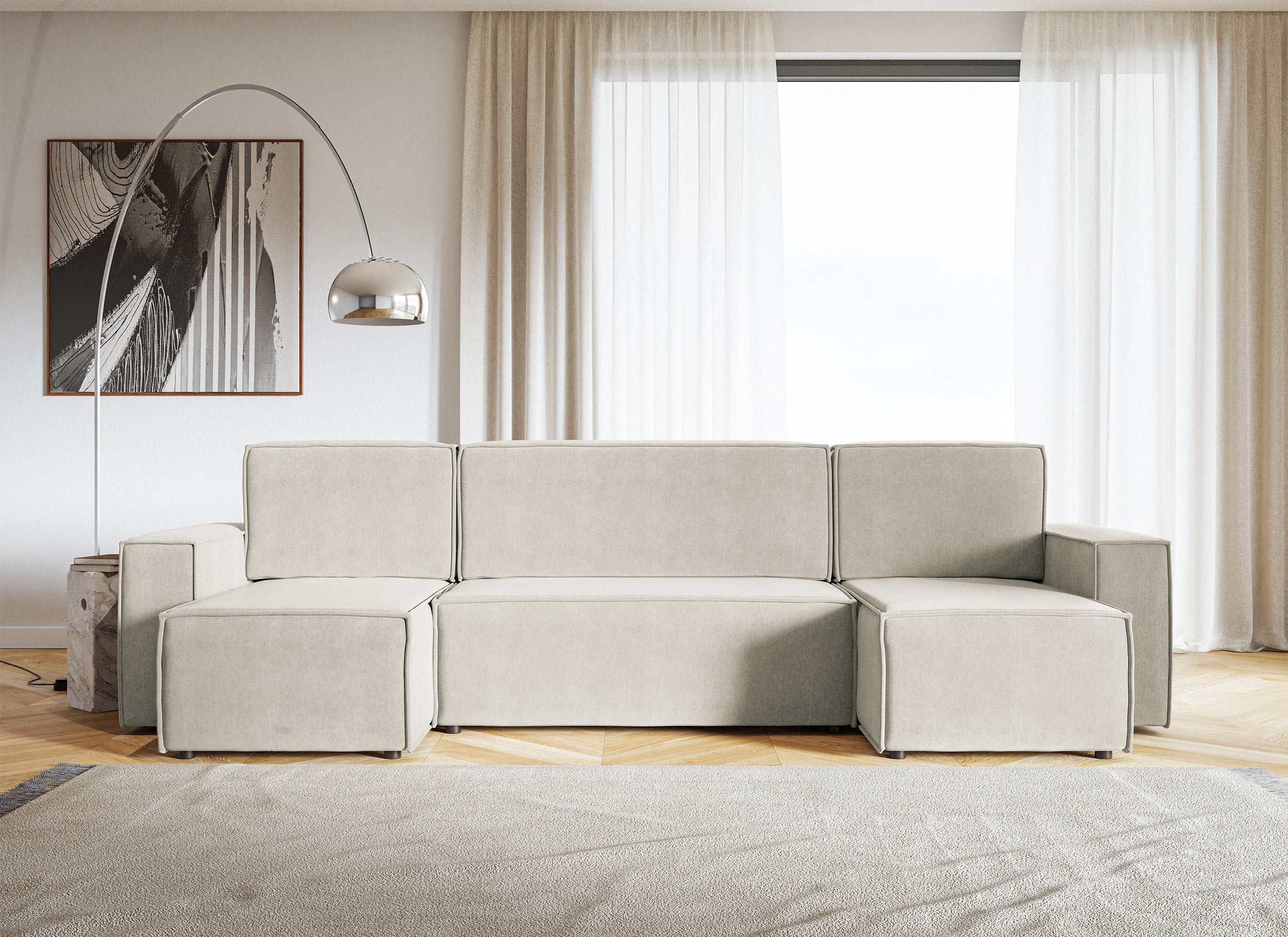U-förmiges Ecksofa Copertino mit Schlaffunktion, universalem Stauraum, hellbeiger, wasserabweisender Samtvelours