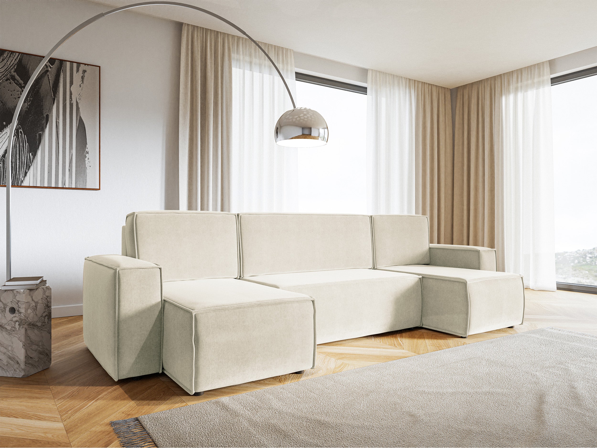 Ecksofa mit Schlaffunktion Copertino U-förmig mit Stauraum, universell, cremefarben, wasserabweisender Samt