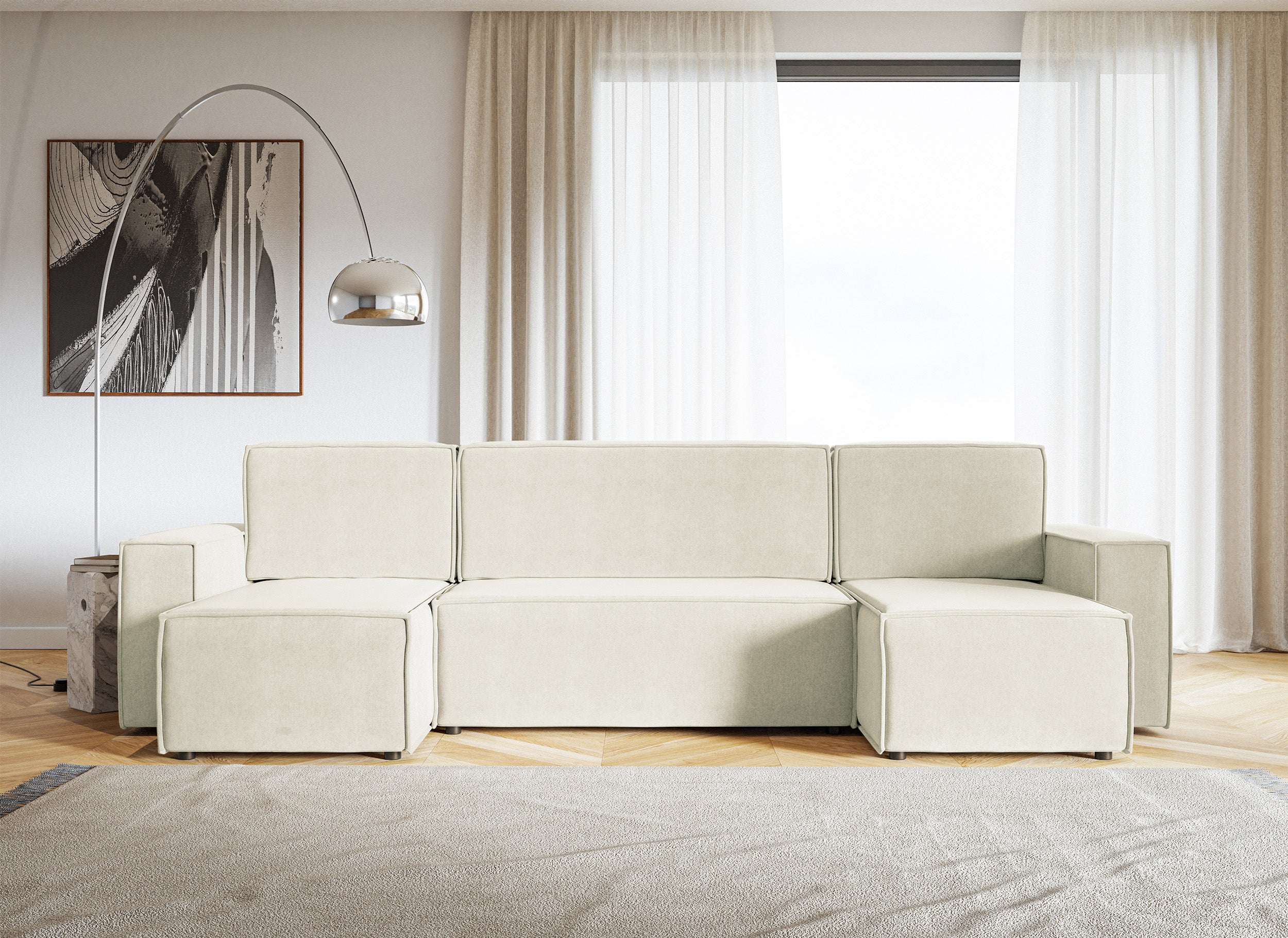 Ecksofa mit Schlaffunktion Copertino U-förmig mit Stauraum, universell, cremefarben, wasserabweisender Samt