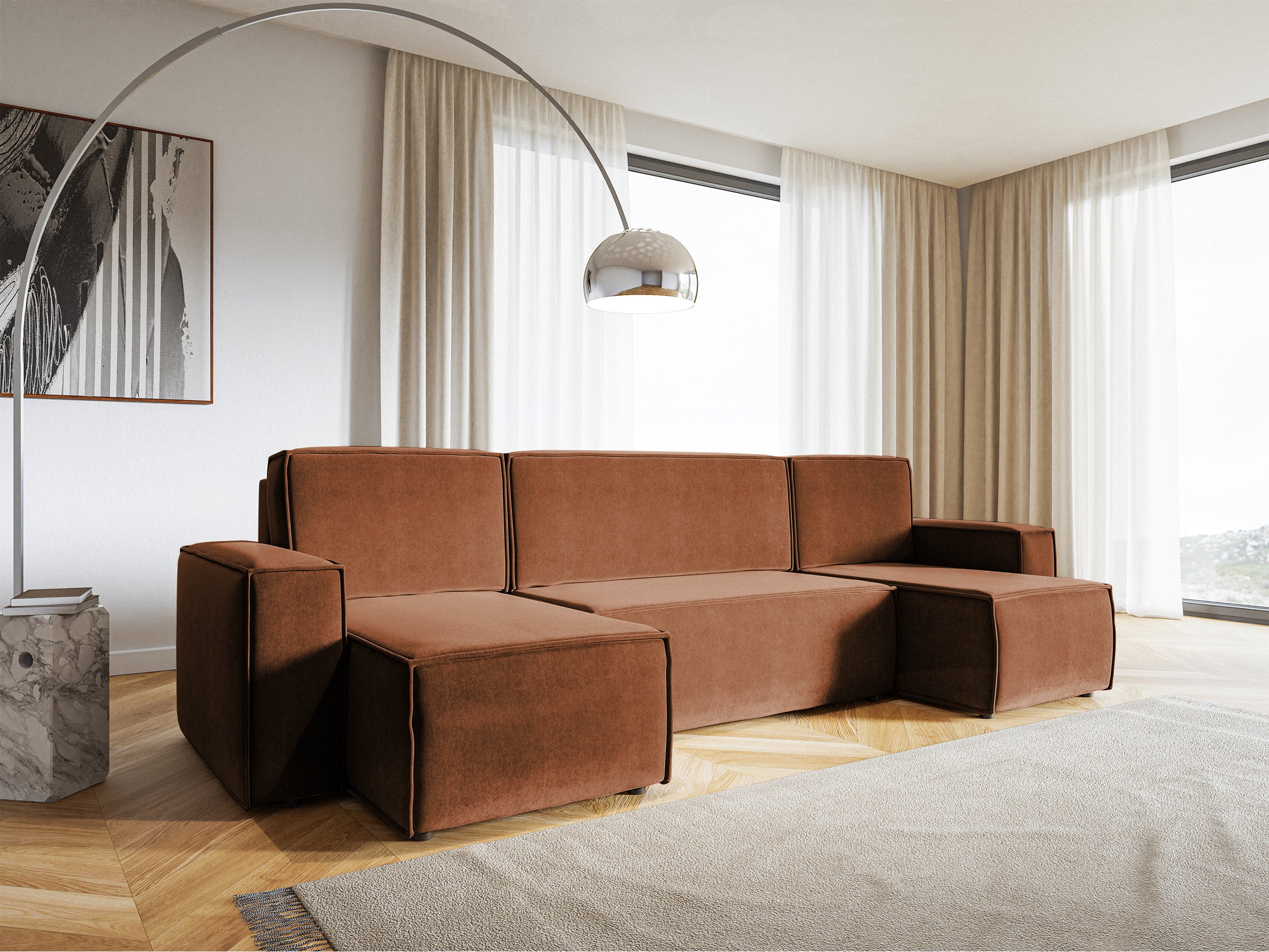 Ecksofa mit Schlaffunktion Copertino, U-förmig, mit universellem Stauraum, kupferfarbener hydrophober Samt