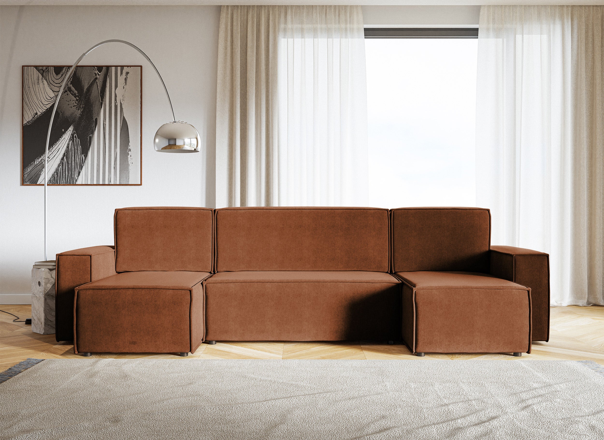 Ecksofa mit Schlaffunktion Copertino, U-förmig, mit universellem Stauraum, kupferfarbener hydrophober Samt