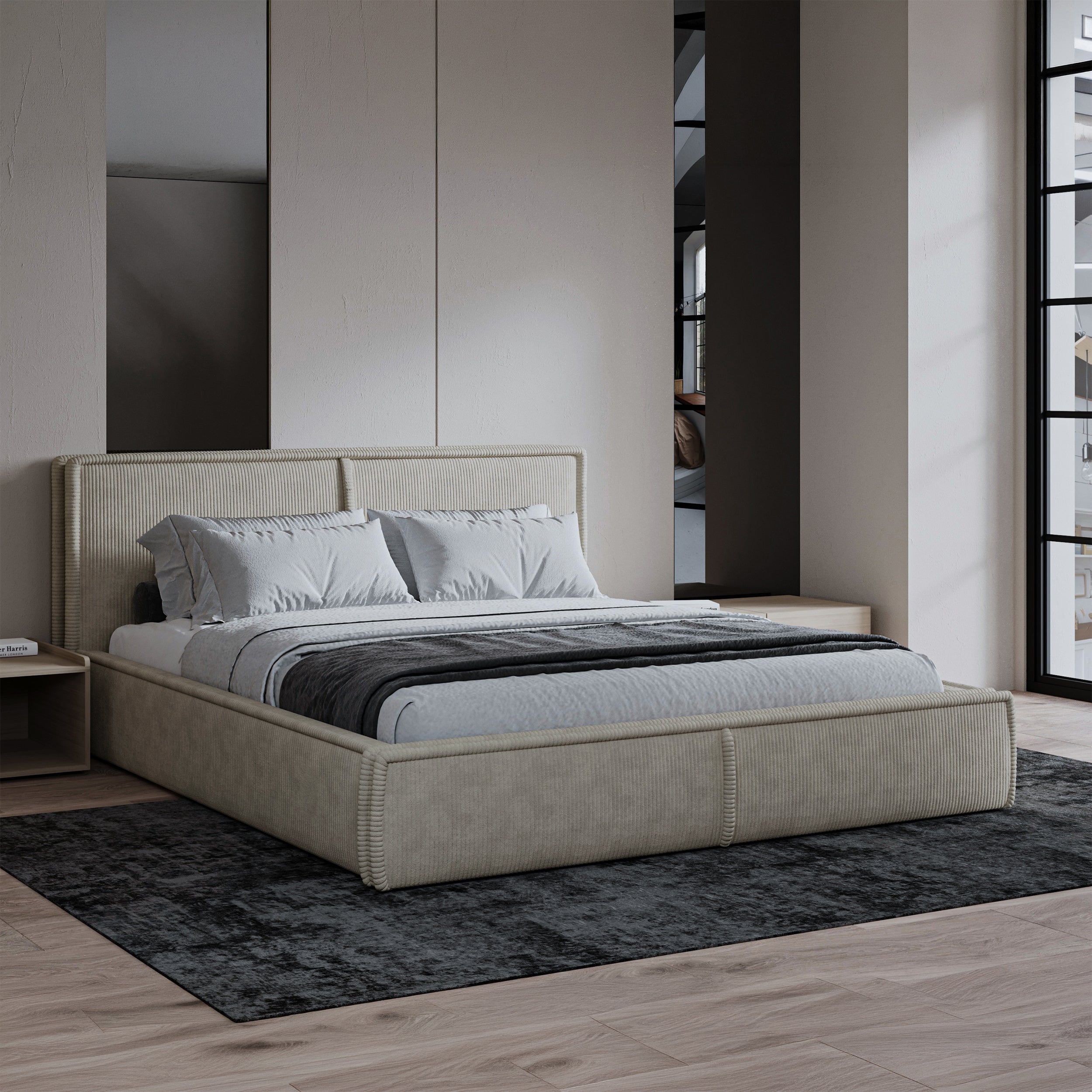 Polsterbett 160x200 cm Cordo mit Bettkasten, Holzlattenrost, hellbeige Cordstoff