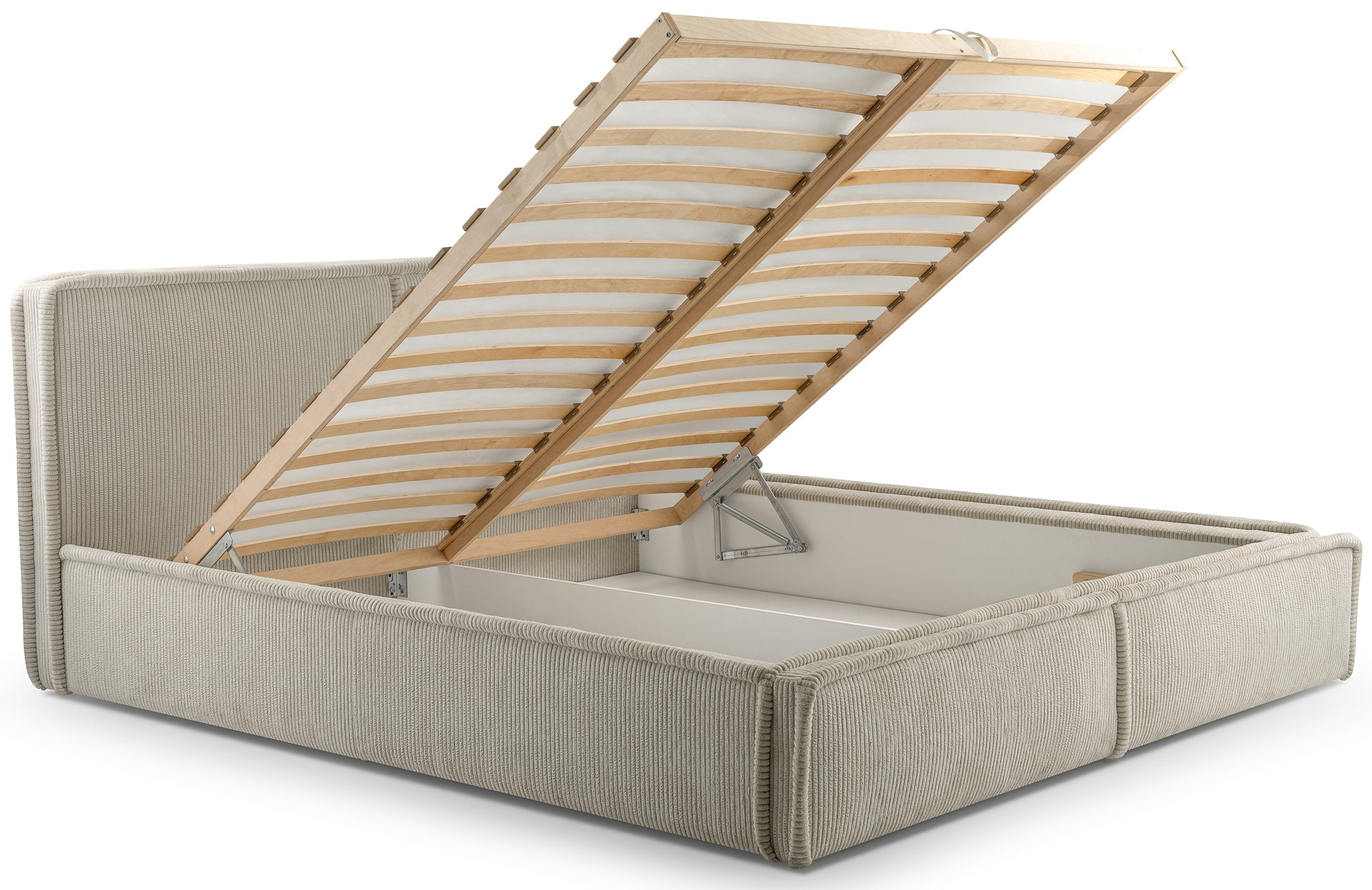 Polsterbett 160x200 cm Cordo mit Bettkasten, Holzlattenrost, hellbeige Cordstoff