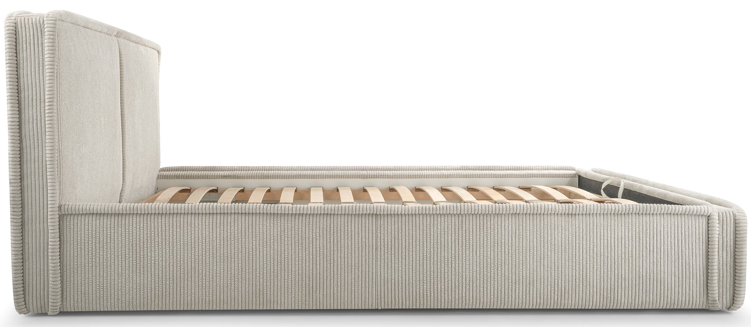 Polsterbett 160x200 cm Cordo mit Bettkasten, Holzlattenrost, hellbeige Cordstoff