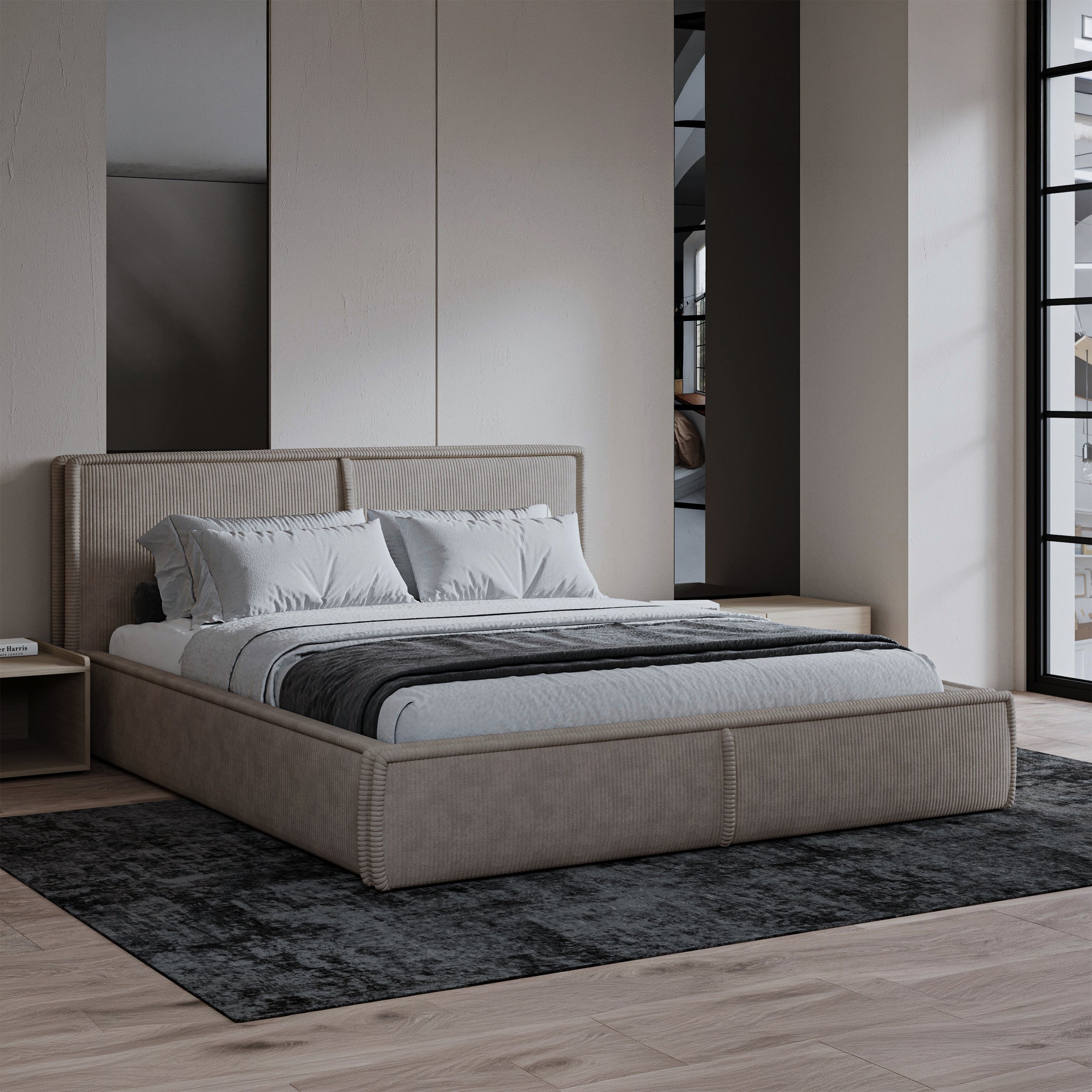Gepolstertes Bett 160x200 cm Cordo mit Stauraum, Holzlattenrost, beige Cordstoff