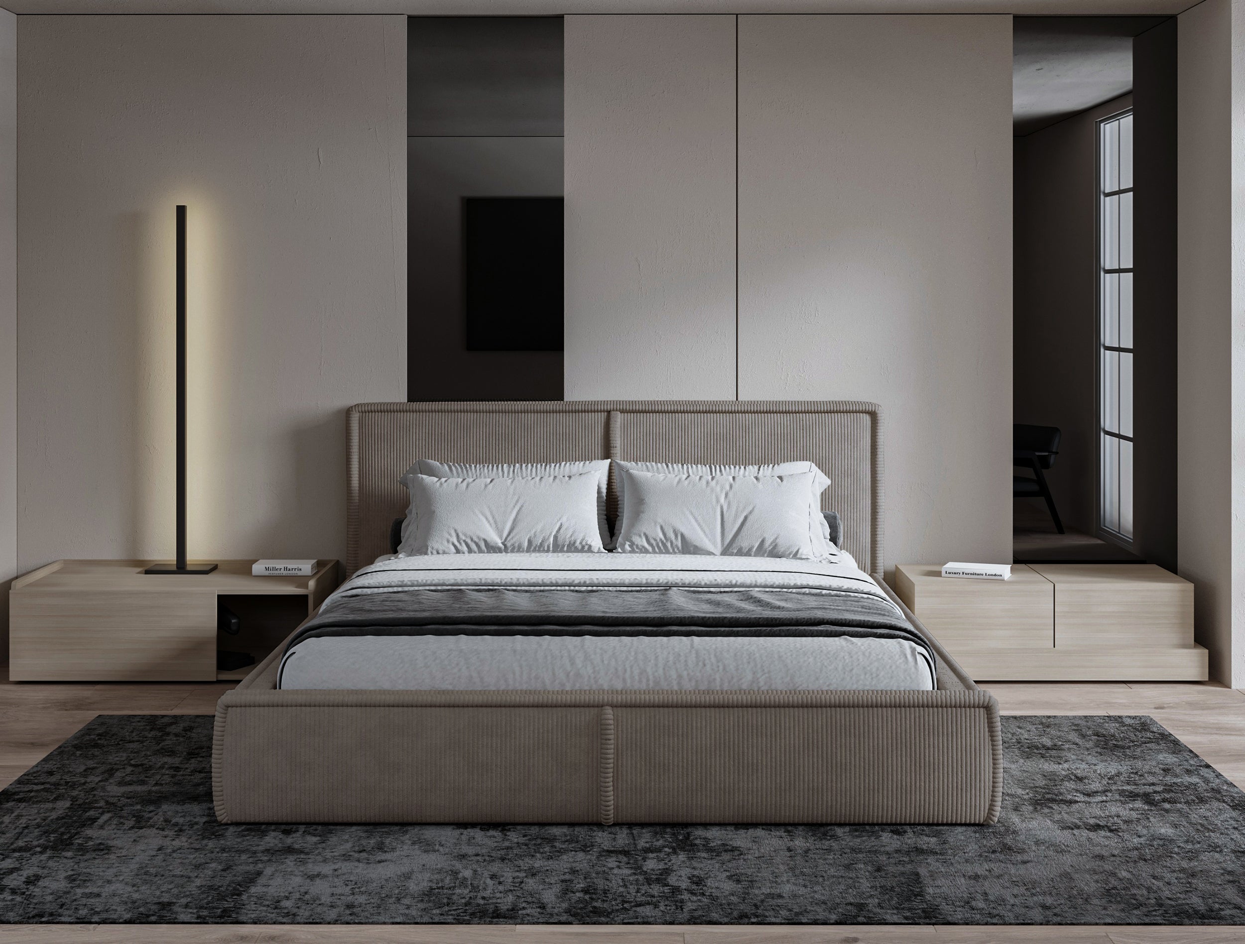 Gepolstertes Bett 160x200 cm Cordo mit Stauraum, Holzlattenrost, beige Cordstoff