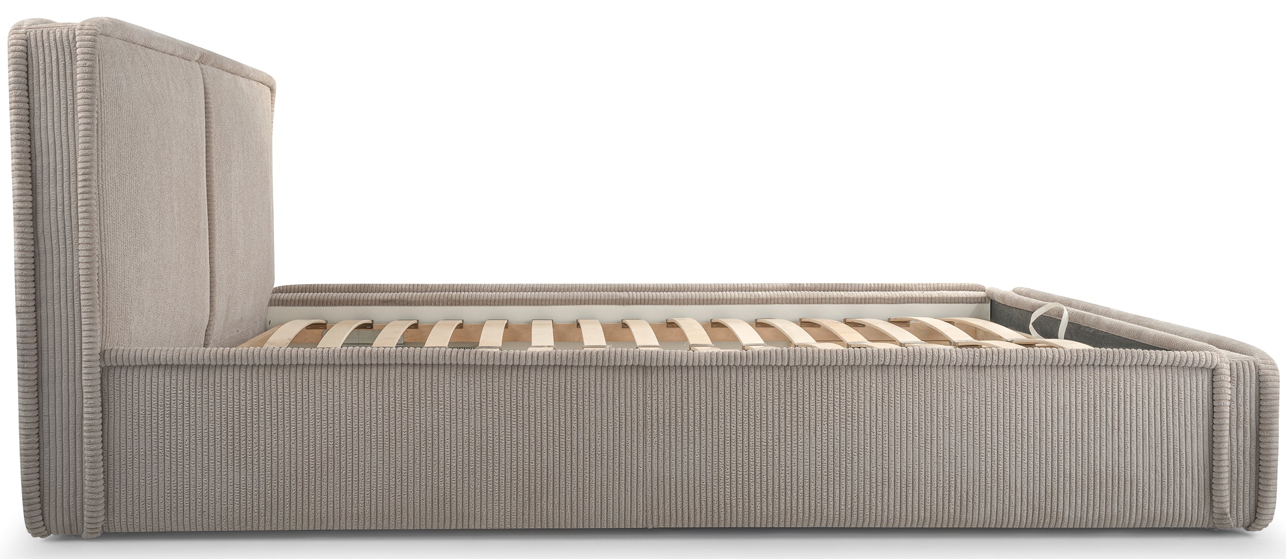 Gepolstertes Bett 160x200 cm Cordo mit Stauraum, Holzlattenrost, beige Cordstoff