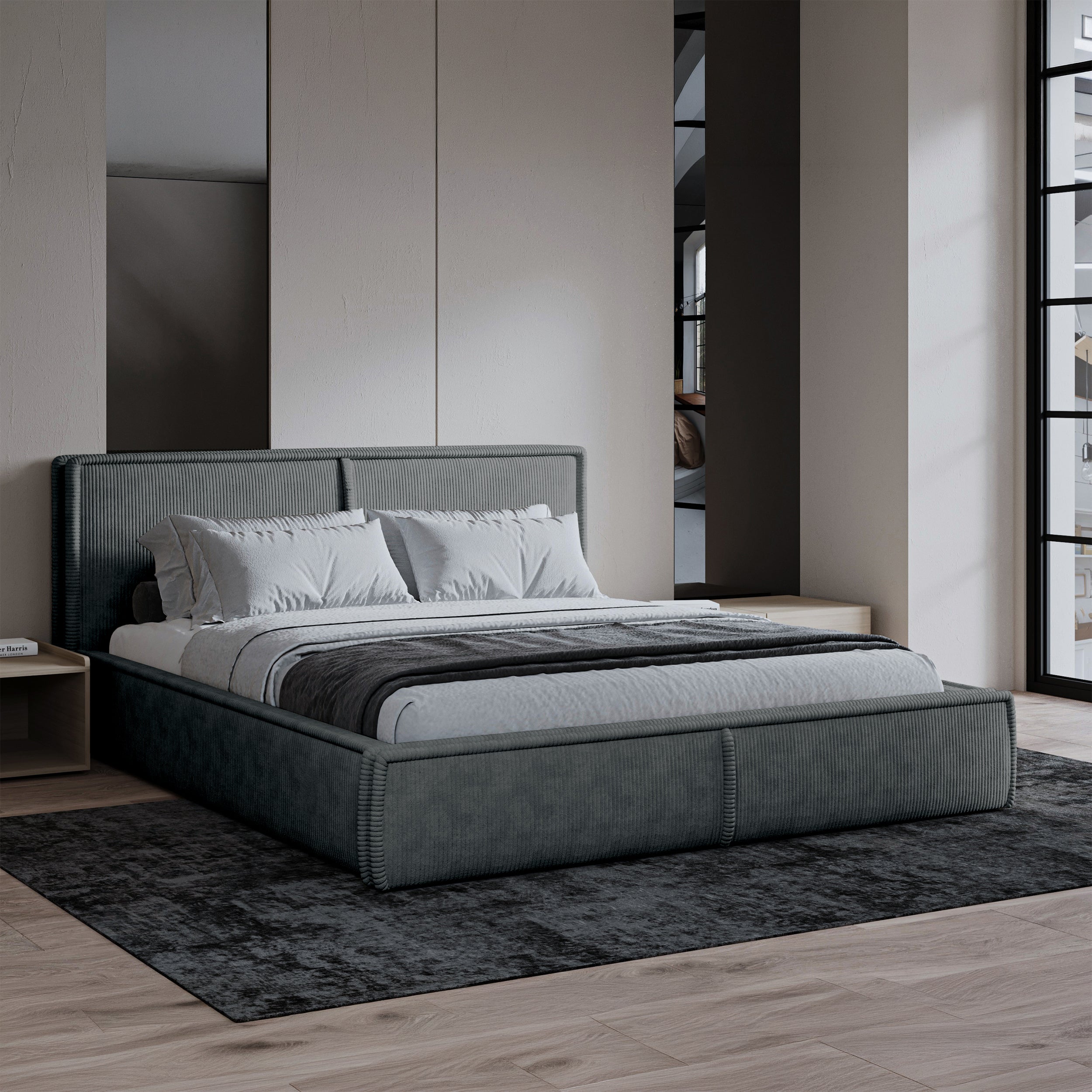 Gepolstertes Bett 160x200 cm Cordo mit Stauraum, Holzlattenrost, grauer Cordstoff
