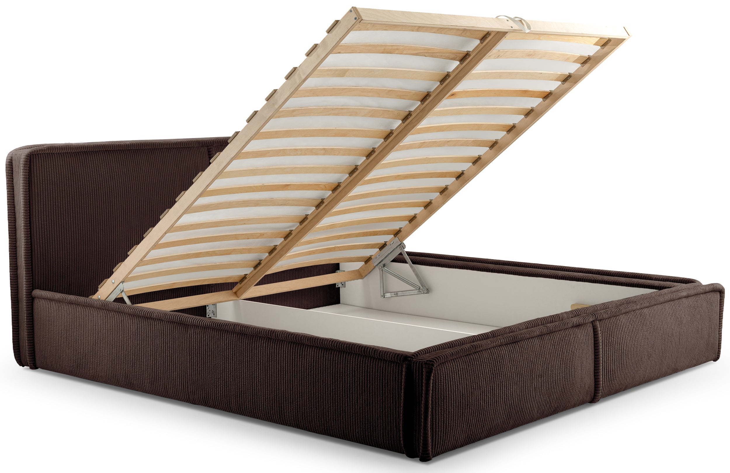 Polsterbett 140x200 cm Cordo mit Stauraum, Holzlattenrost, dunkelbrauner Cordstoff