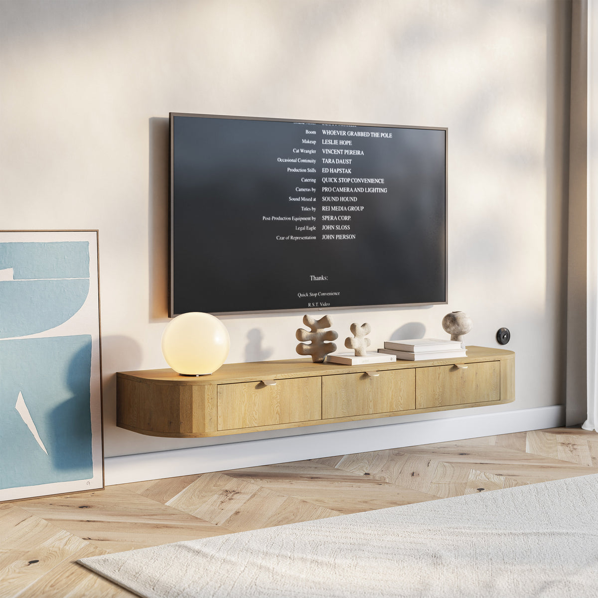 Hängender TV-Schrank Coru Slim mit drei Schubladen, 175 cm, Eiche Cremona Torro