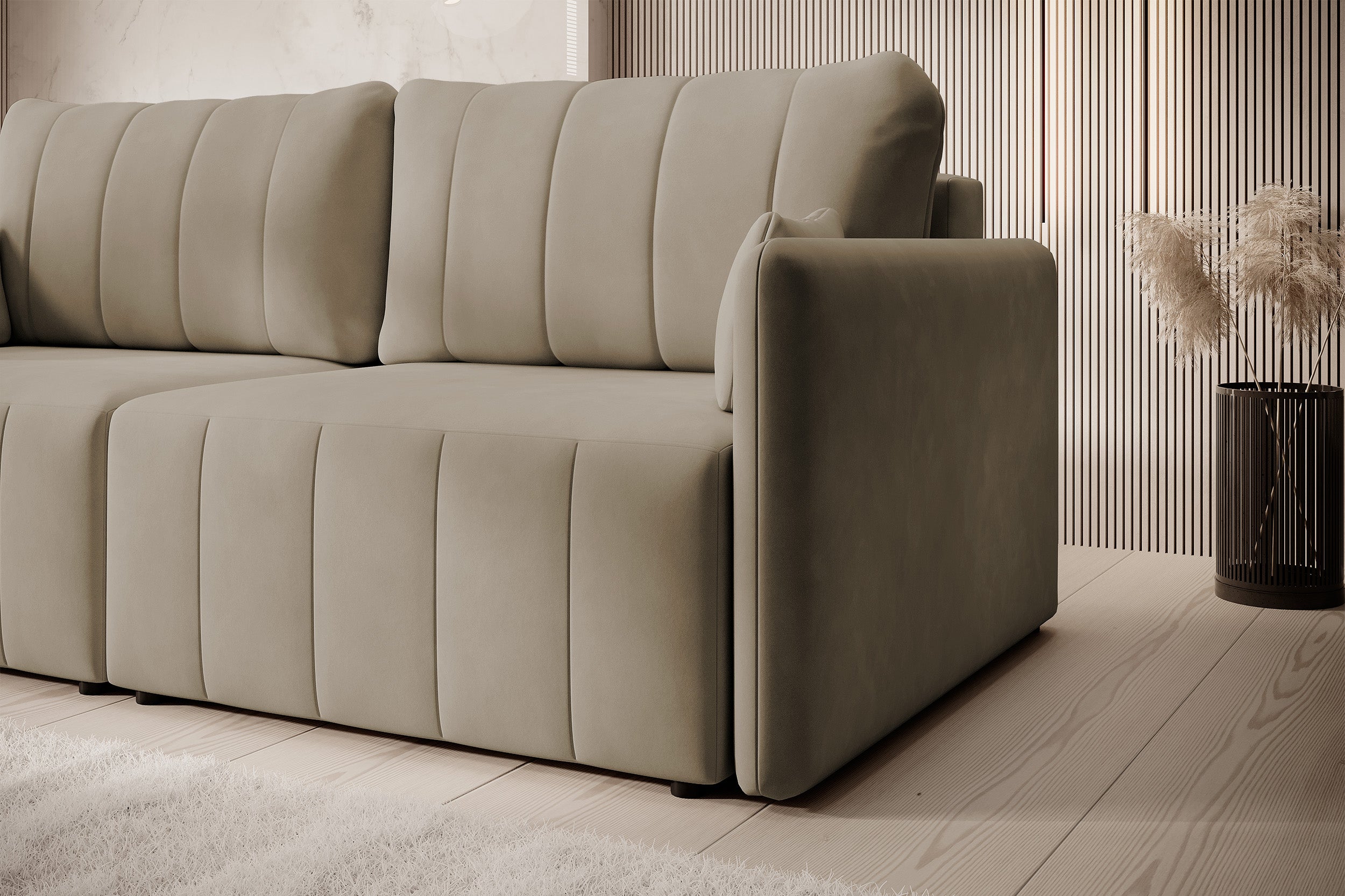 Ausziehbare Eckcouch Pierra mit Stauraum, beige, wasserabweisender Samt